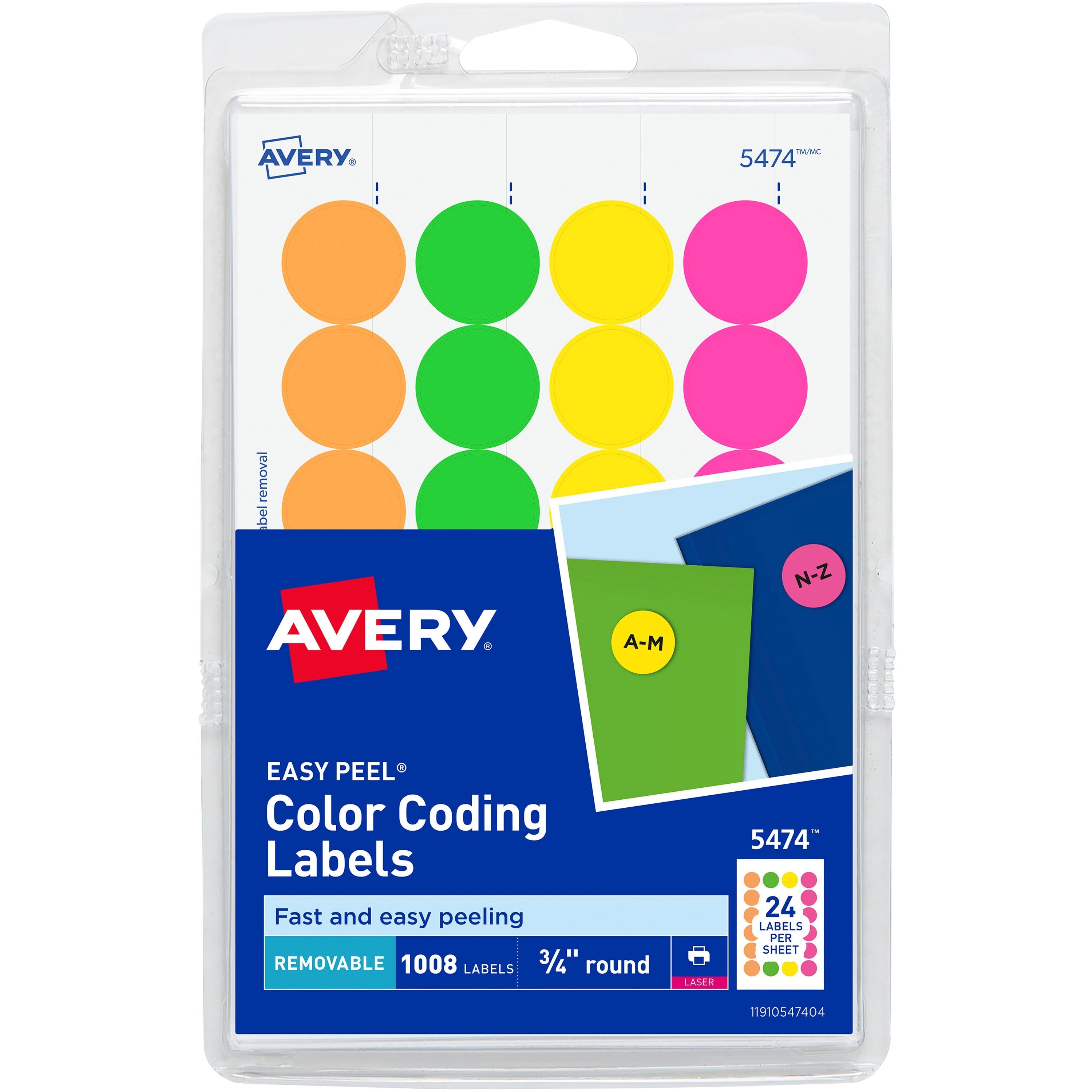 Avery Color Coded Label - - Width3/4" Diameter - Removable Adhesive - Round - Laser - Neon Green, Neon Orange, Neon Red, Neon Yellow - Paper - 24 / Sheet - 42 Total Sheets - 1008 Total Label(s) - 3 -