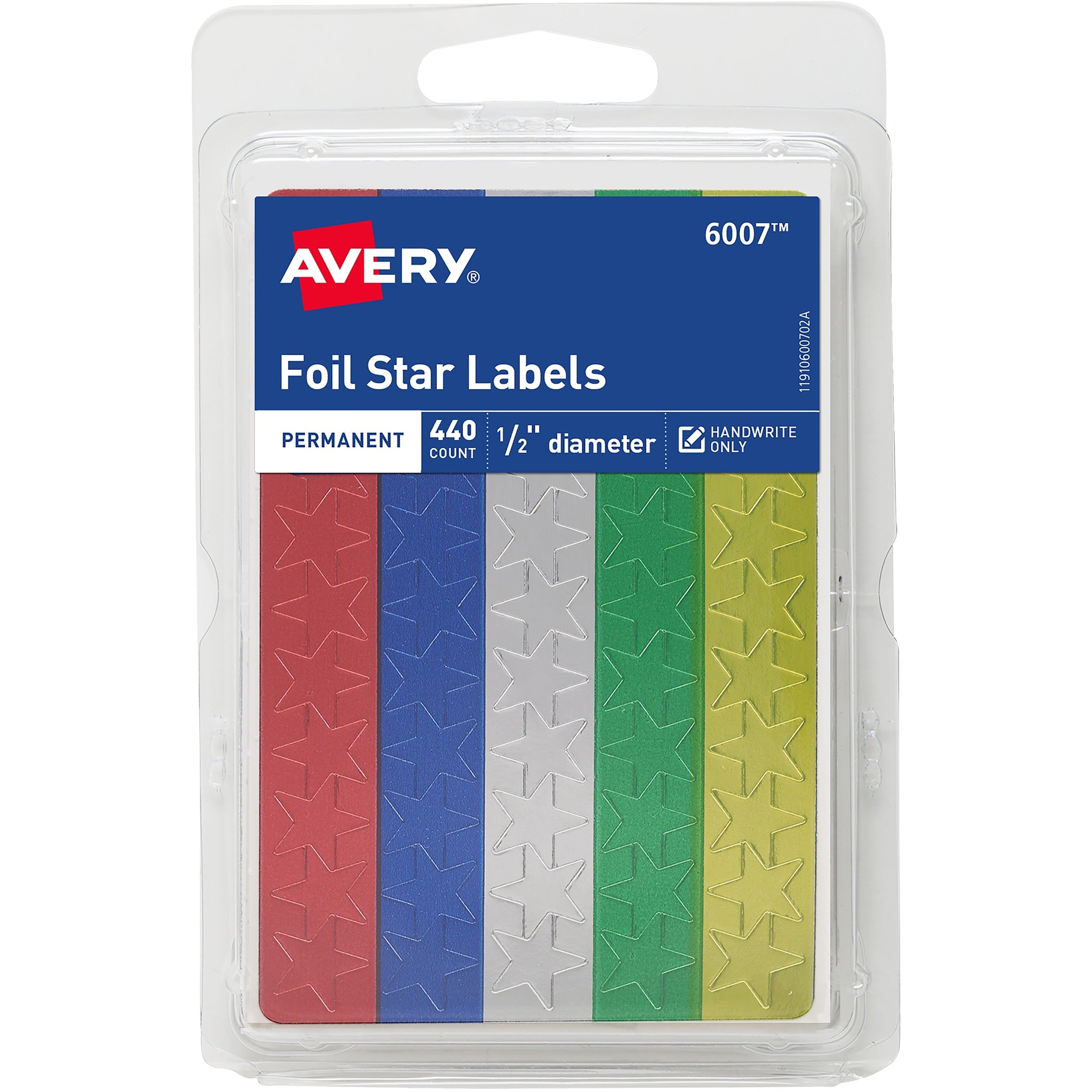 Avery Assorted Foil Star Labels - Learning Theme/Subject - Star Shape - Permanent Adhesive - 0.50" Height - Red, Blue, Silver, Green, Gold - Paper - 6 -