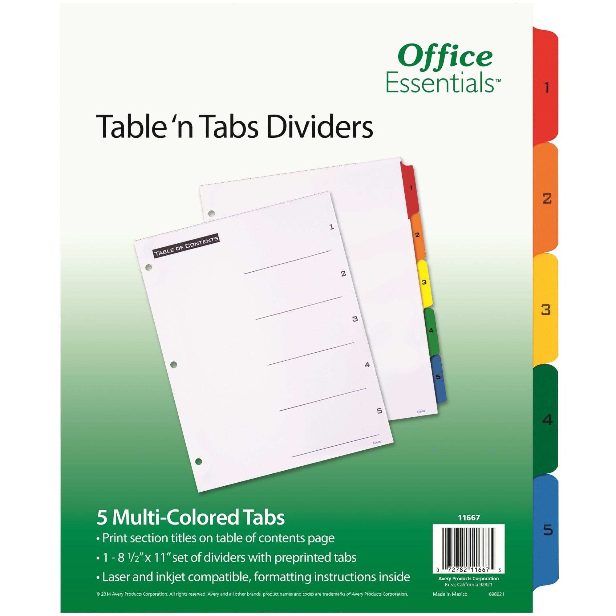 Avery Table 'N Tabs Numeric Dividers - 5 x Divider(s) - 1-5 - 5 Tab(s)/Set - 8.5" Divider Width x 11" Divider Length - 3 Hole Punched - White Paper Divider - Multicolor Paper Tab(s) - 1 -