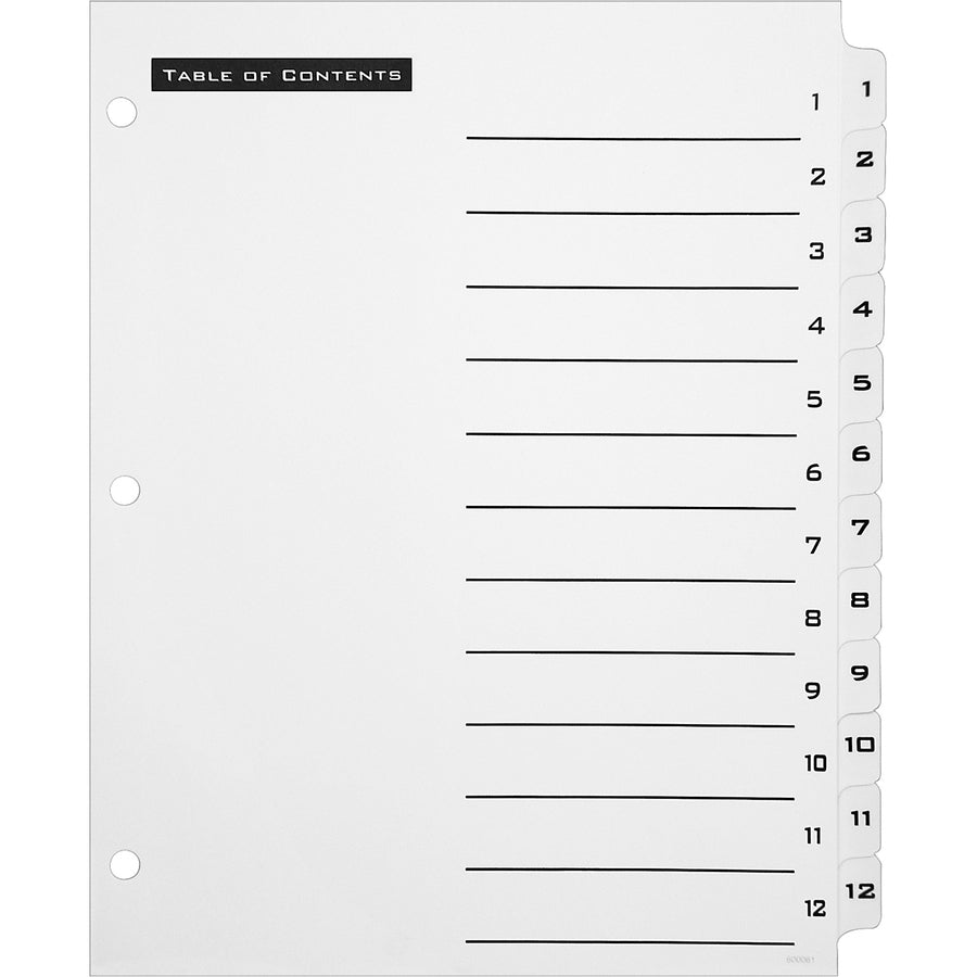 Avery B/W Print Table of Contents Tab Dividers - 12 x Divider(s) - 1-12 - 12 Tab(s)/Set - 8.5" Divider Width x 11" Divider Length - 3 Hole Punched - White Paper Divider - Black Paper, White Tab(s) - 1 -