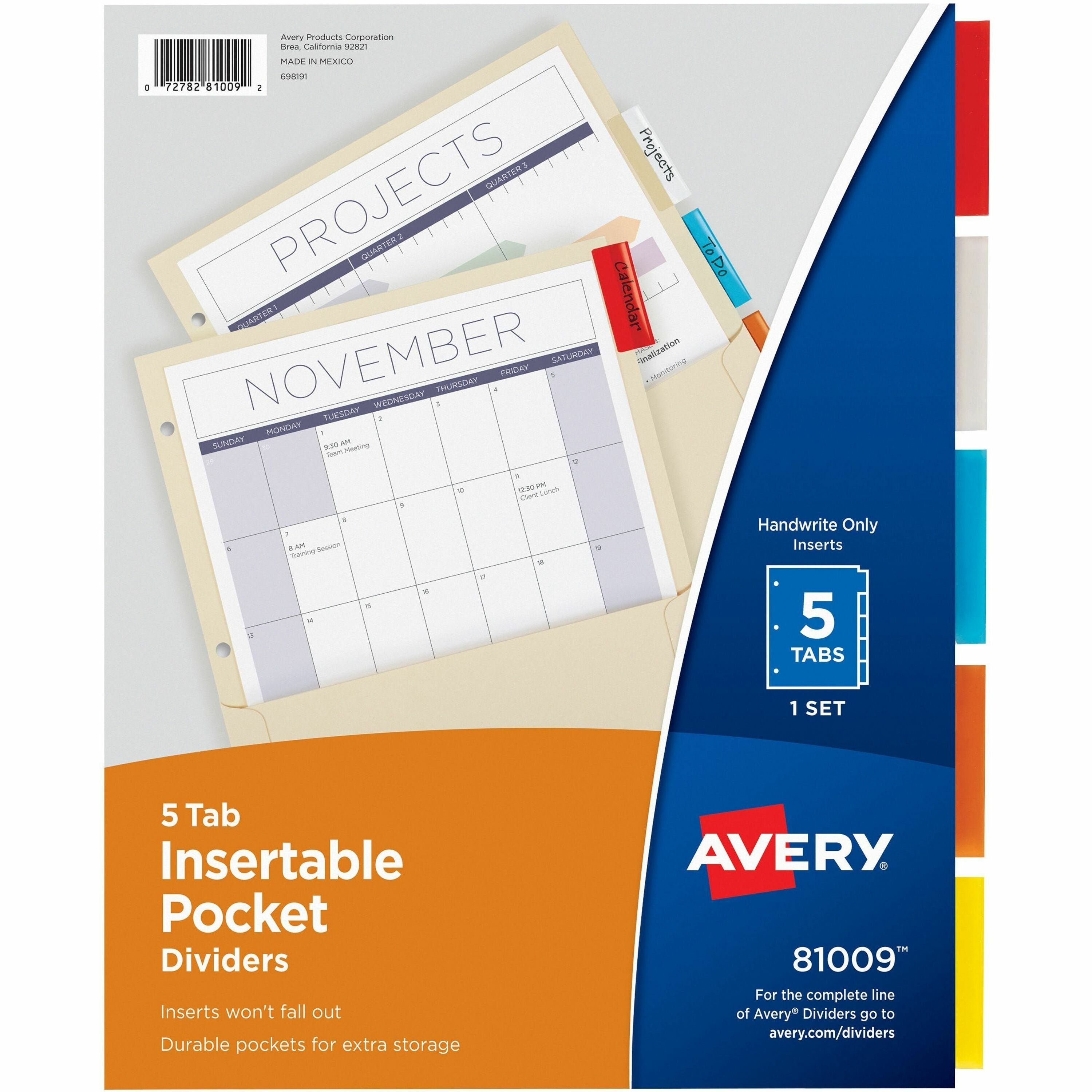 Avery Insertable 5-Tab Dividers - 5 x Divider(s) - 5 Tab(s) - 5 - 5 Tab(s)/Set - 9.3" Divider Width x 11.13" Divider Length - 3 Hole Punched - Buff Paper Divider - Multicolor Paper Tab(s) - Recycled - 1 -