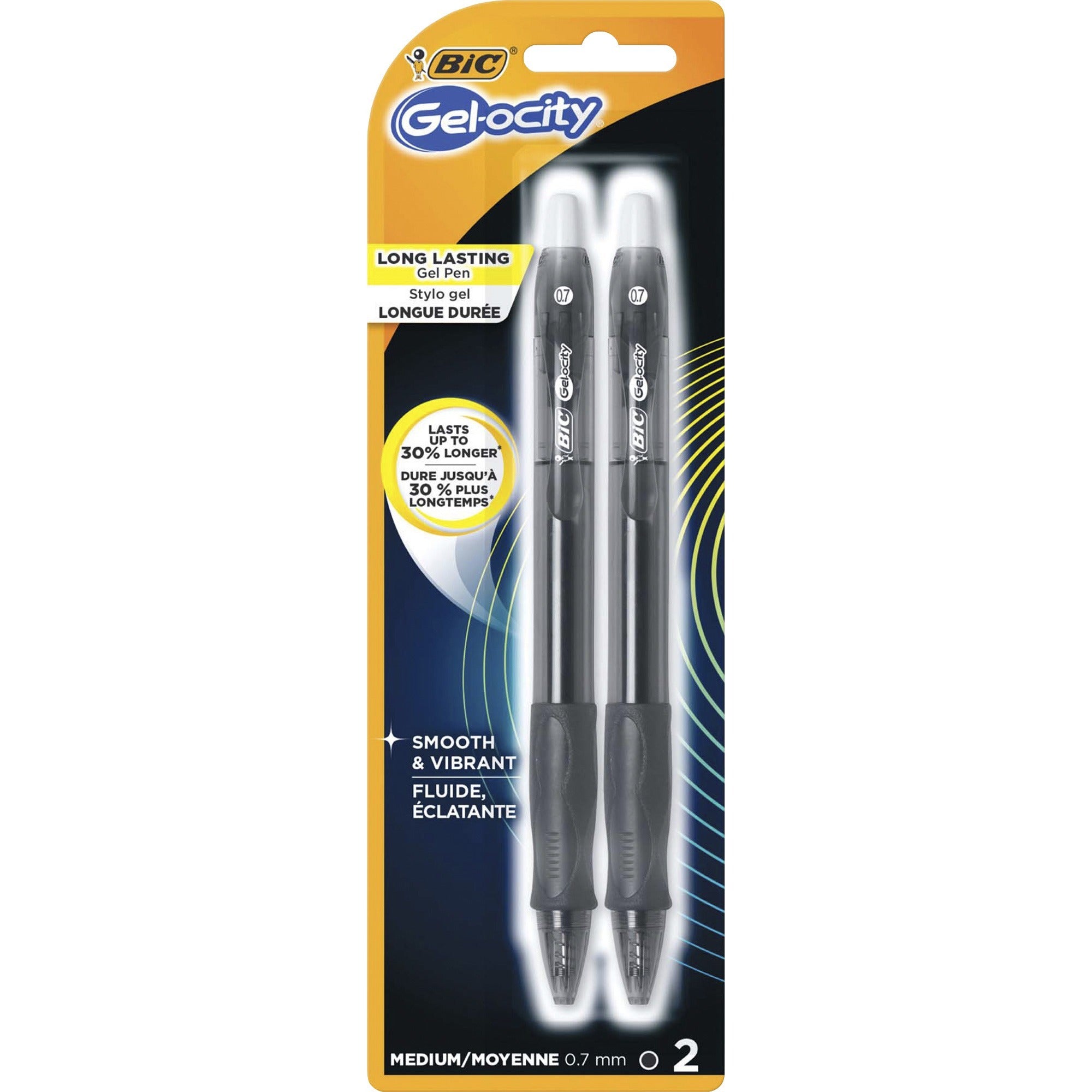 BIC Gel Retractable Pens - Medium Pen Point - 0.7 mm Pen Point Size - Refillable - Retractable - Black Gel-based Ink - Translucent Barrel - 2 / Pack -