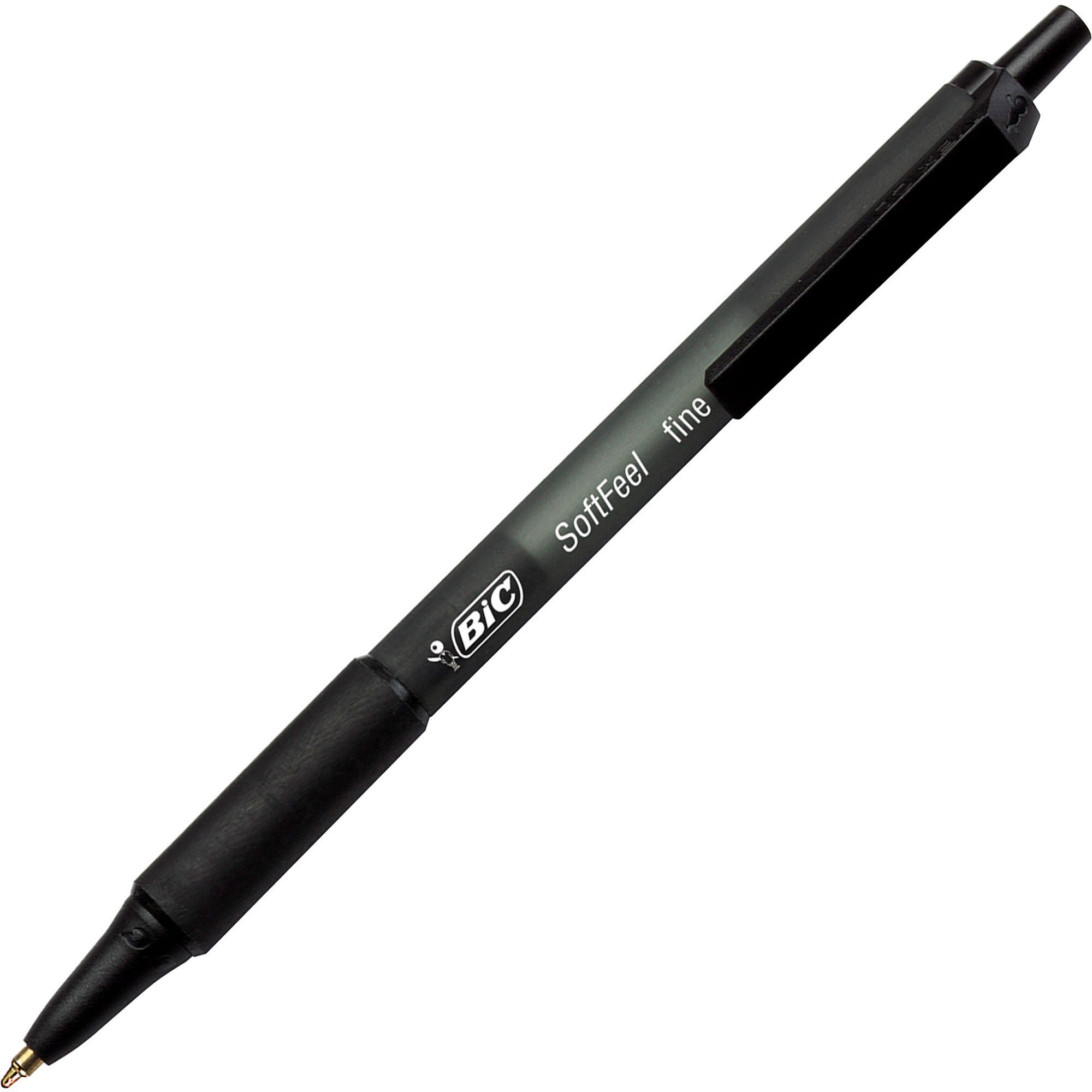 BIC SoftFeel Retractable Ball Pens - Fine Pen Point - Retractable - Black - Black Rubber Barrel - 1 Dozen -