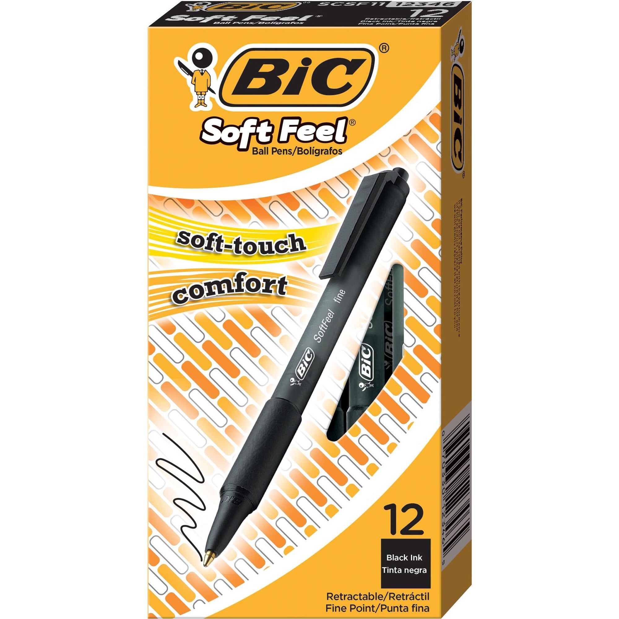 BIC SoftFeel Retractable Ball Pens - Fine Pen Point - Retractable - Black - Black Rubber Barrel - 1 Dozen -
