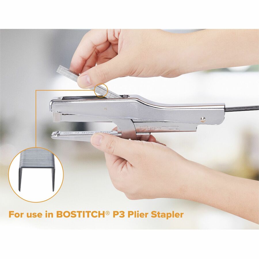 Bostitch P3 Plier Stapler Specialty Staples - 210 Per Strip - 1/4" Leg - 5/16" Crown - Chisel Point - Silver - High Carbon Steel - 1.1" Height x 1.7" Width4.2" Length - 5000 / Box - 2