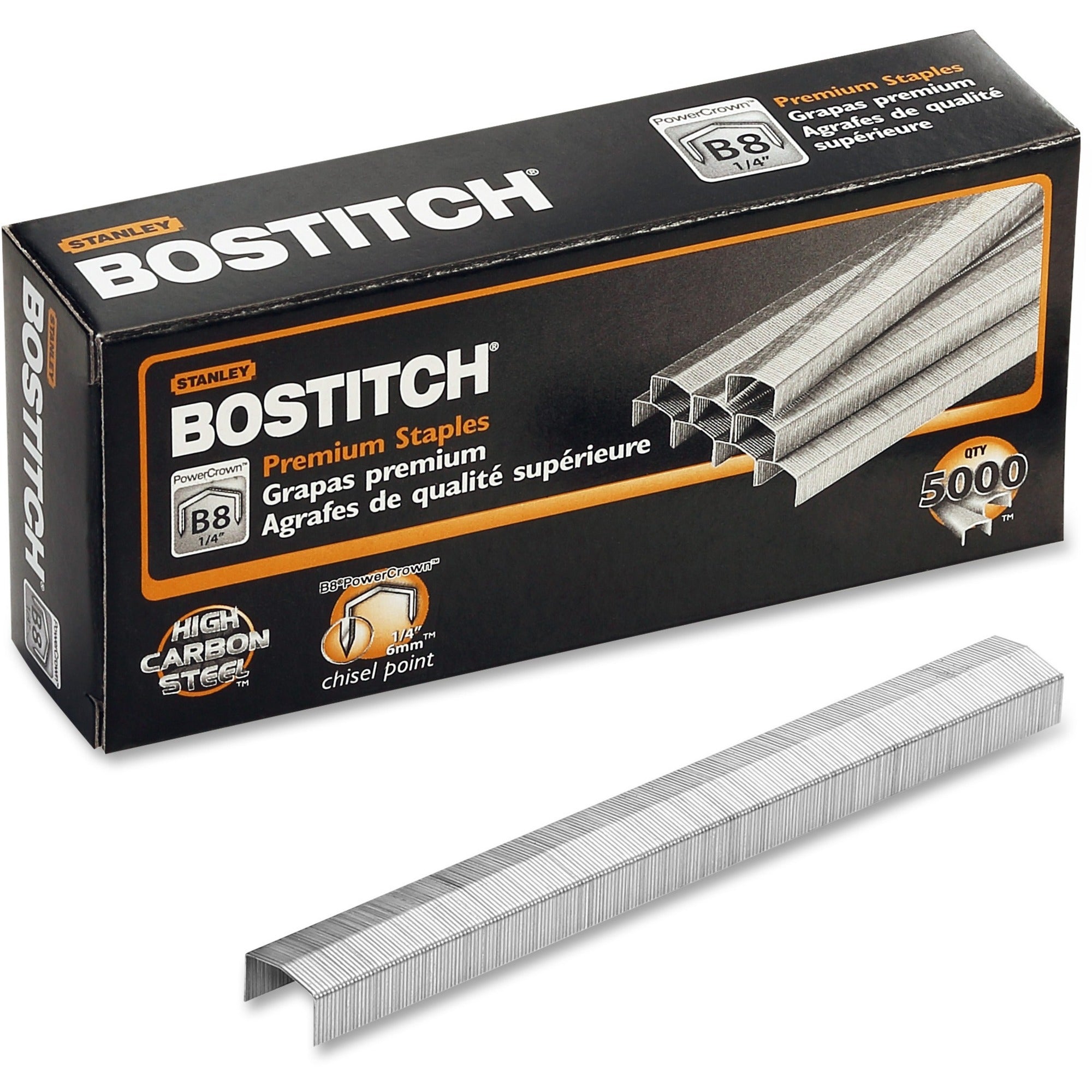 Bostitch PowerCrown Premium Staples - 210 Per Strip - 1/4" Leg - 1/2" Crown - Chisel Point - Silver - High Carbon Steel - 1.1" Height x 0.5" Width0.3" Length - 5000 / Box - 1