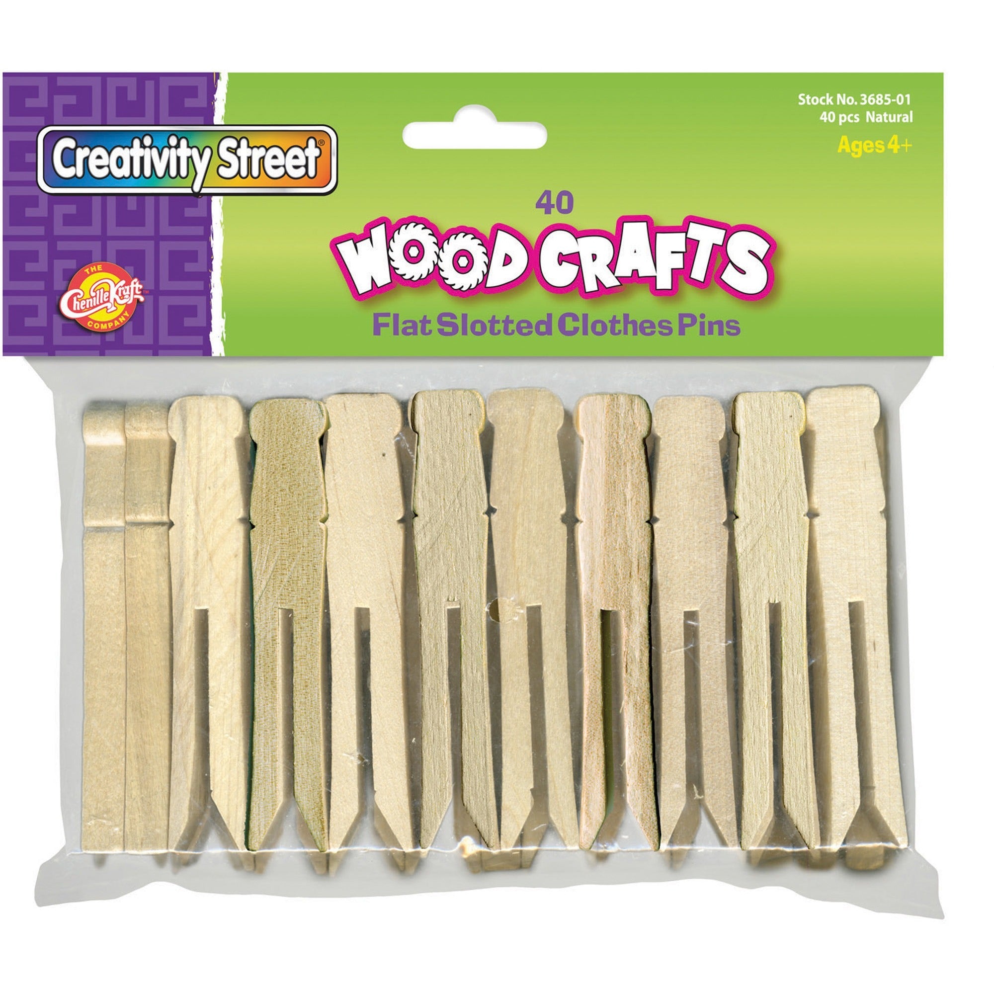 Creativity Street Flat-Slotted Clothespins - 3.8" Length - 40 / Pack - Natural - Wood