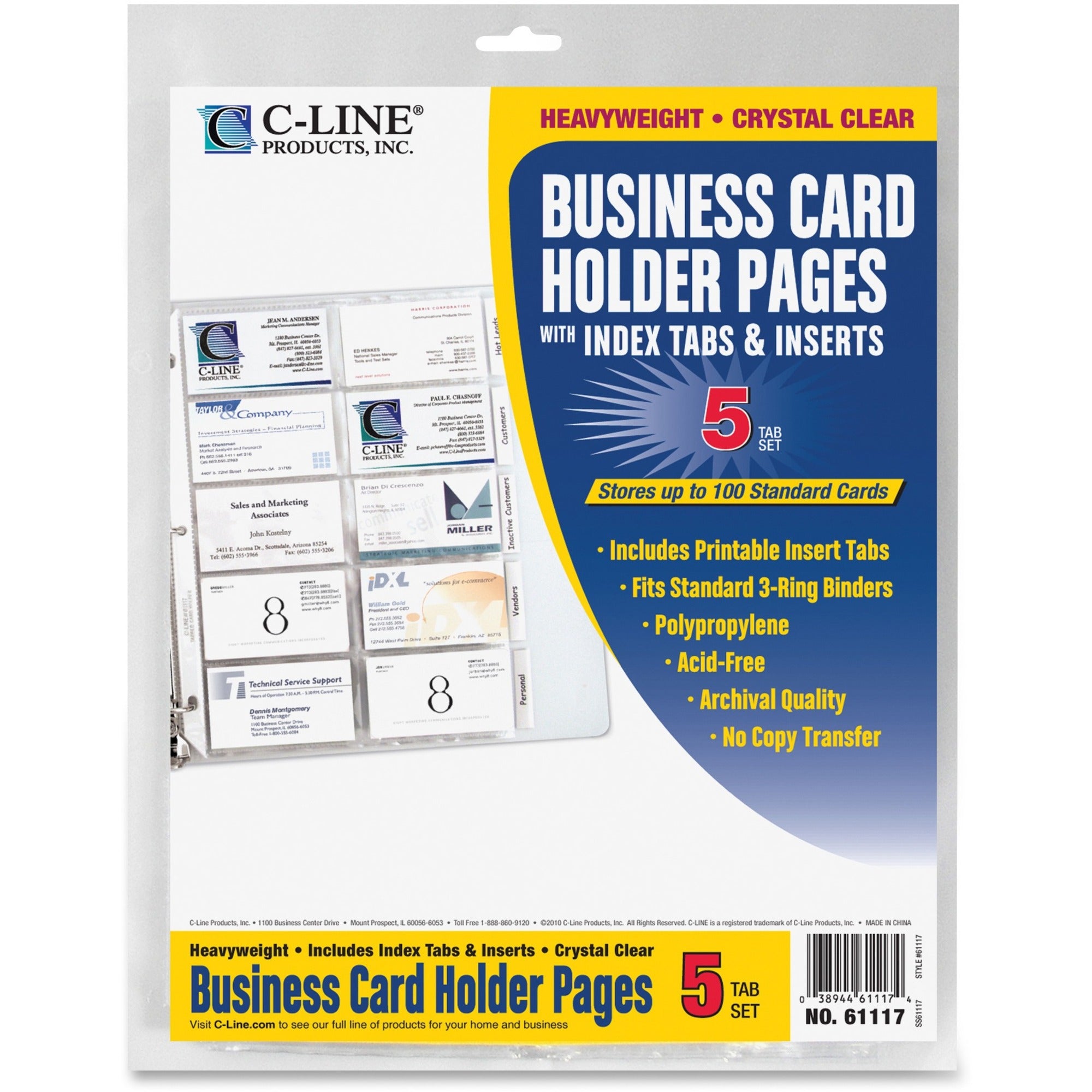 C-Line Business Card Holder Pages with Index Tabs for Ring Binders, Poly - 5-Tab Set, Holds 20 Cards/Page, 3-Hole Punched, 11 x 8-1/2, 5/PK, 61117 -