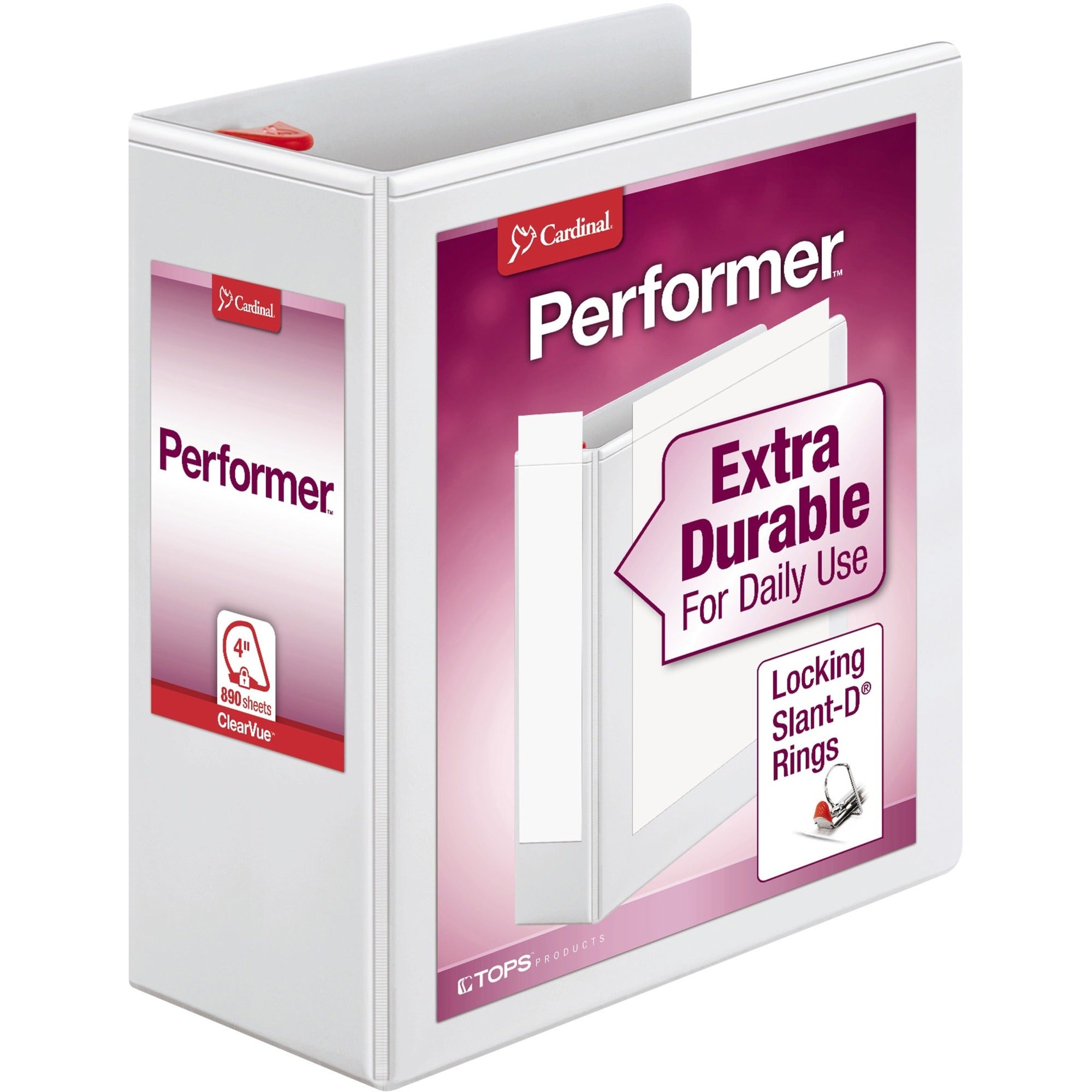 Cardinal Xtravalue Clearvue Locking D-Ring Binder - 4" Binder Capacity - Letter - 8 1/2" x 11" Sheet Size - 890 Sheet Capacity - 3 3/5" Spine Width - 3 x D-Ring Fastener(s) - 2 Inside Front & Back Pocket(s) - Vinyl - White - 2.04 lb - Locking Ring, C -