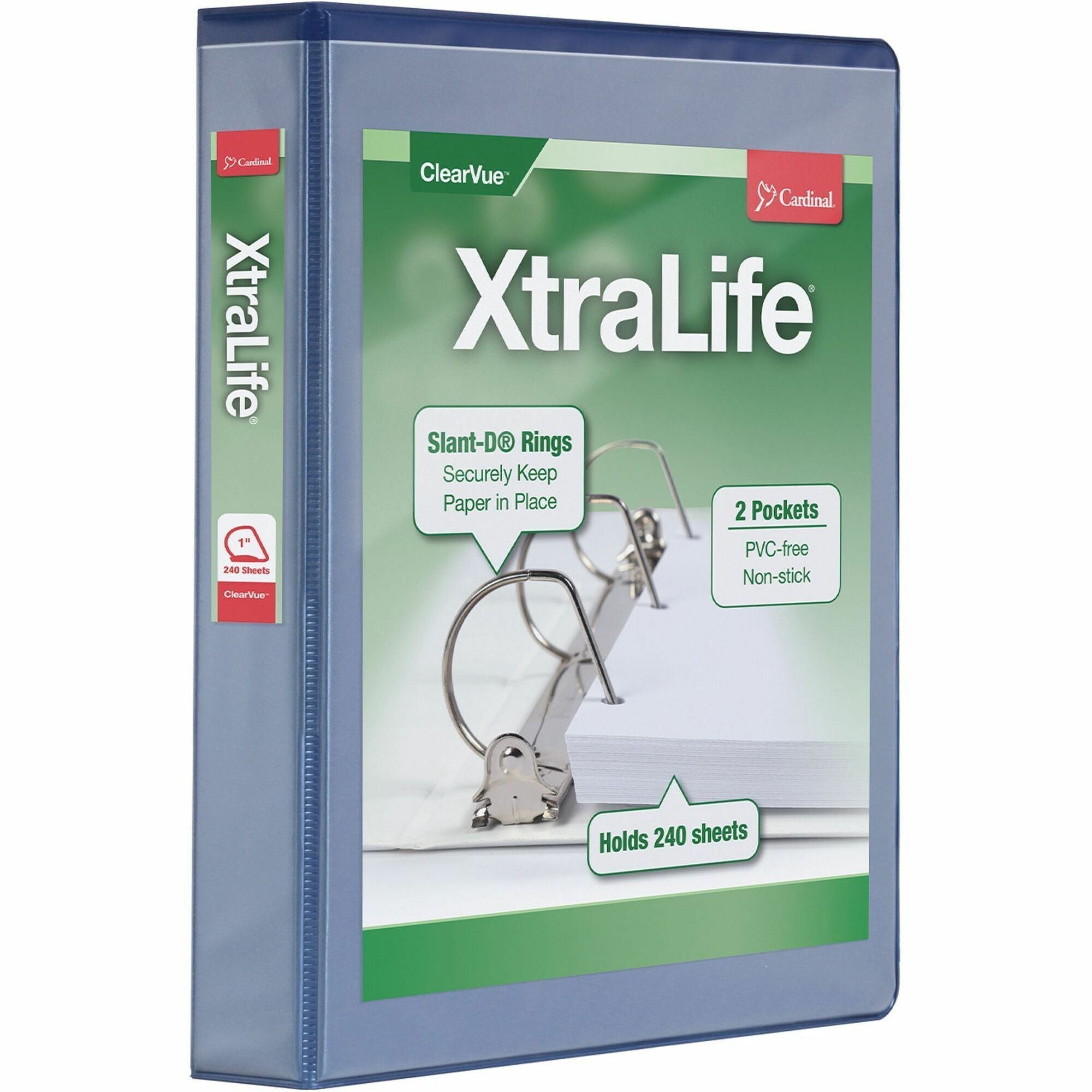 Cardinal Xtralife ClearVue Locking Slant-D Binders - 1 1/2" Binder Capacity - Letter - 8 1/2" x 11" Sheet Size - 375 Sheet Capacity - 1 3/5" Spine Width - 3 x D-Ring Fastener(s) - 2 Inside Front & Back Pocket(s) - Polyolefin - Blue - 1.05 lb - Non-st - 1