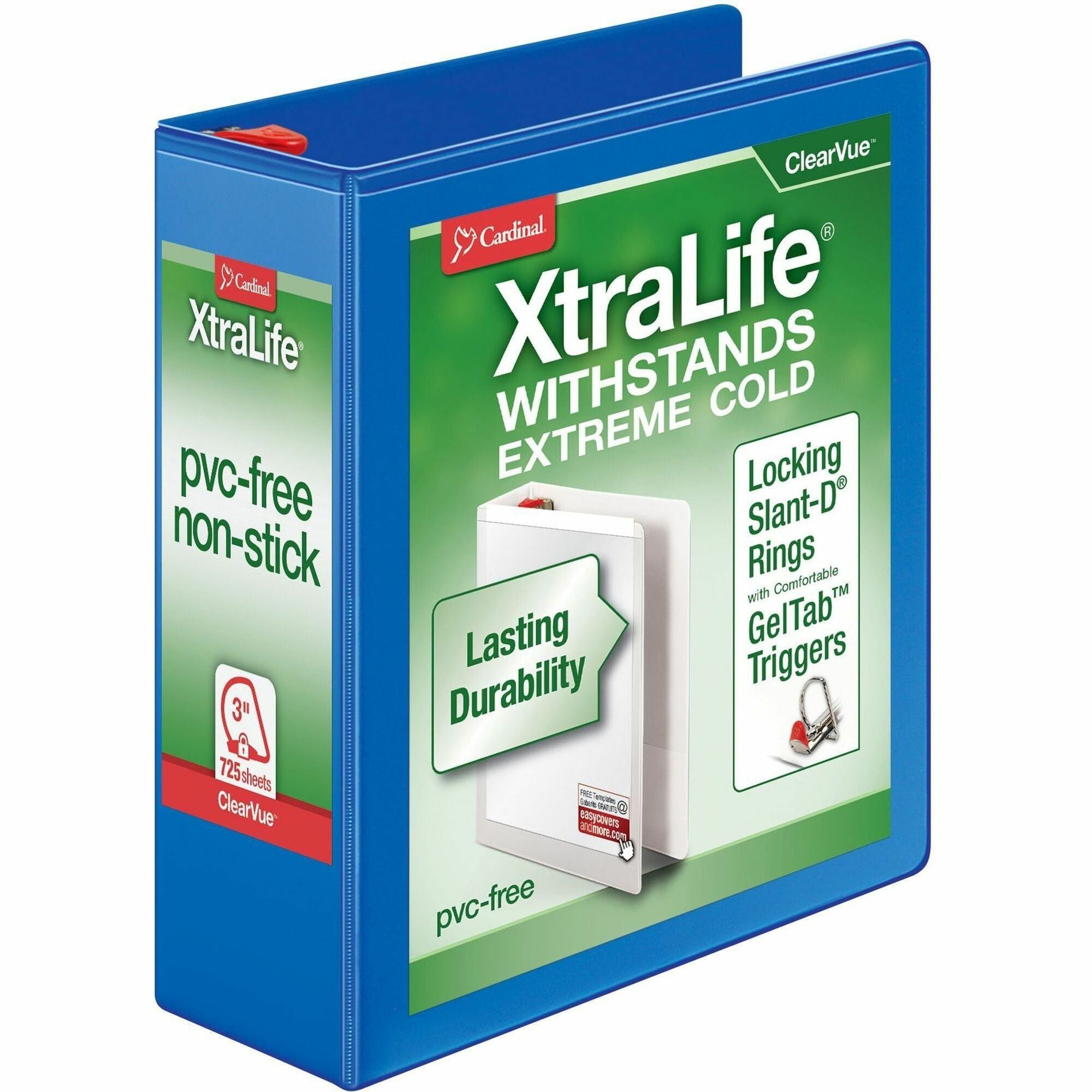 Cardinal Xtralife ClearVue Locking Slant-D Binders - 3" Binder Capacity - Letter - 8 1/2" x 11" Sheet Size - 725 Sheet Capacity - 2 29/32" Spine Width - 3 x D-Ring Fastener(s) - 2 Inside Front & Back Pocket(s) - Polyolefin - Blue - 1.60 lb - Non-stic - 1