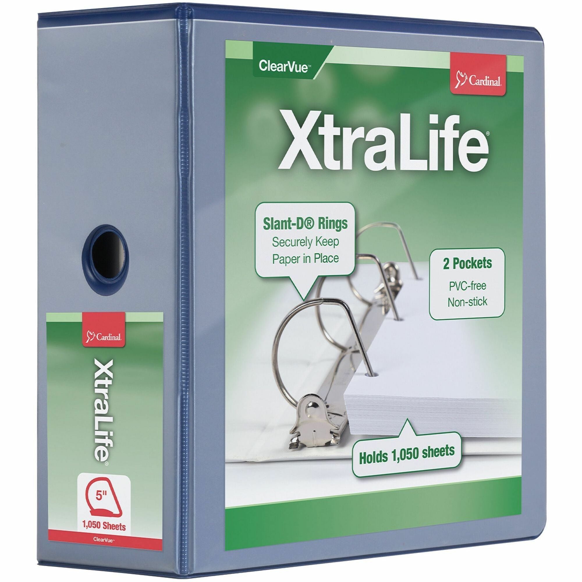 Cardinal Xtralife ClearVue Locking Slant-D Binders - 5" Binder Capacity - Letter - 8 1/2" x 11" Sheet Size - 1100 Sheet Capacity - 4 3/8" Spine Width - 3 x D-Ring Fastener(s) - 2 Inside Front & Back Pocket(s) - Polyolefin - Blue - 2.25 lb - Non-stick - 1