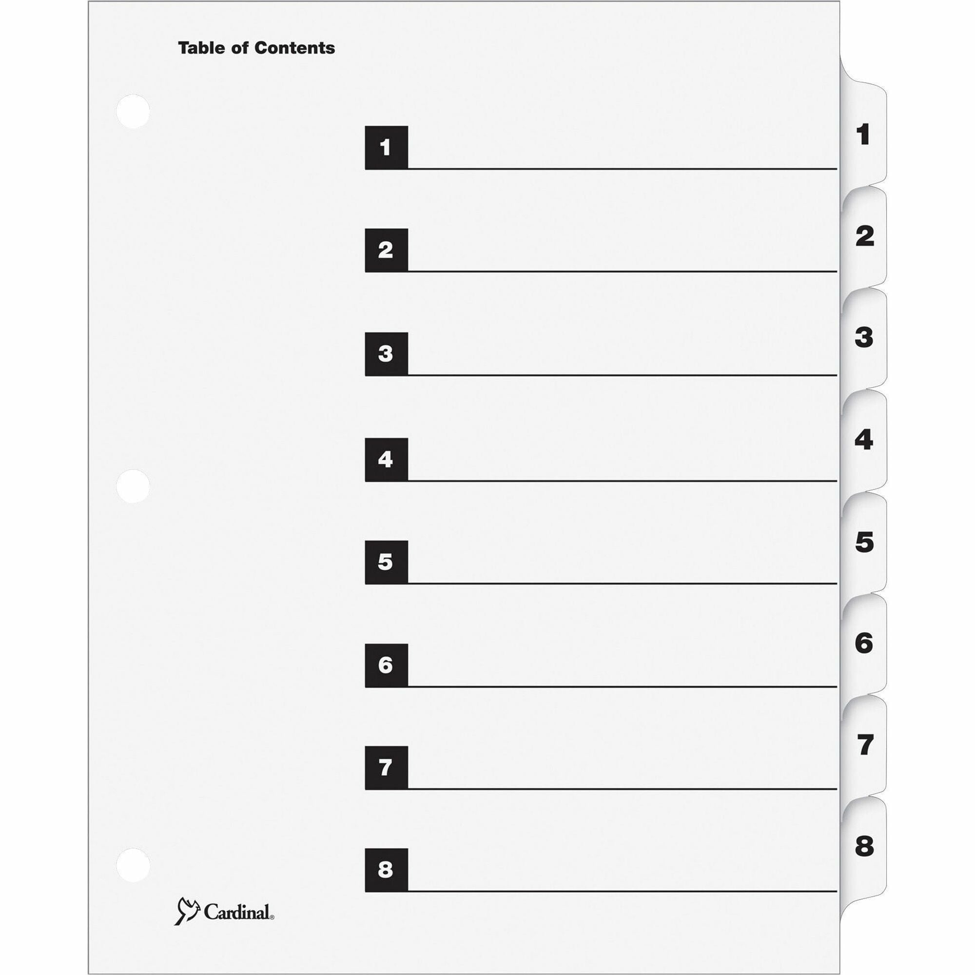 Cardinal OneStep Numbered Index System - 8 x Divider(s) - Printed Tab(s) - Digit - 1-8 - 8 Tab(s)/Set - 9" Divider Width x 11" Divider Length - Letter - 8.50" Width x 11" Length - 3 Hole Punched - White Paper Divider - White Mylar Tab(s) - Reinforced -