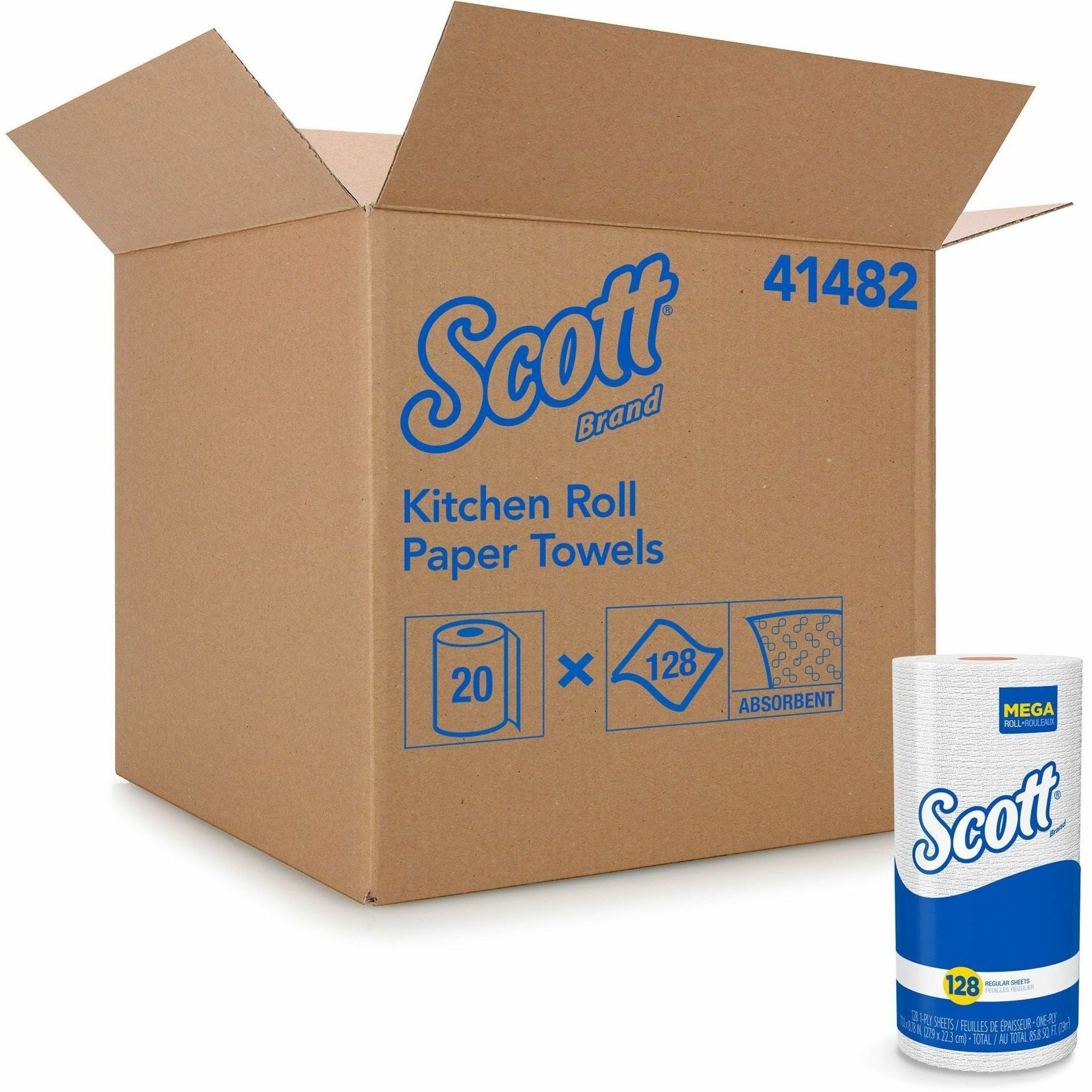 Scott Kitchen Paper Towels with Fast-Drying Absorbency Pockets - 1 Ply - 11" x 8.78" - 128 Sheets/Roll - 4.90" Roll Diameter - White - Absorbent, Perforated - For Kitchen - 20 / Carton -