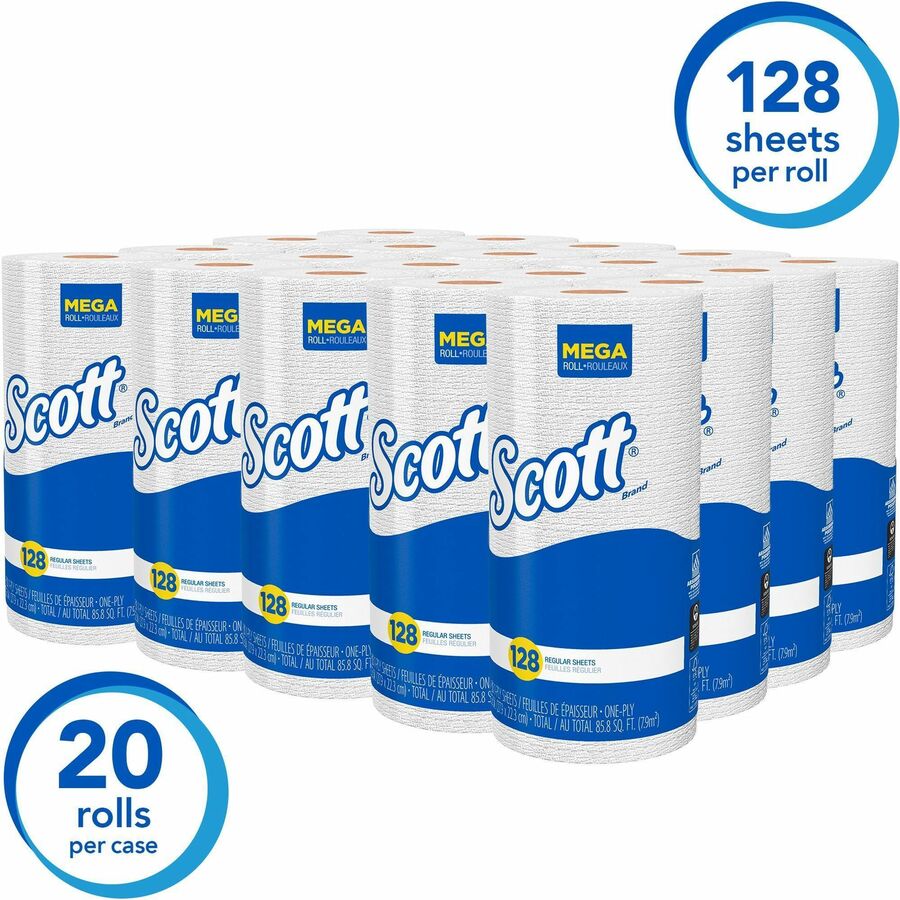 Scott Kitchen Paper Towels with Fast-Drying Absorbency Pockets - 1 Ply - 11" x 8.78" - 128 Sheets/Roll - 4.90" Roll Diameter - White - Absorbent, Perforated - For Kitchen - 20 / Carton -