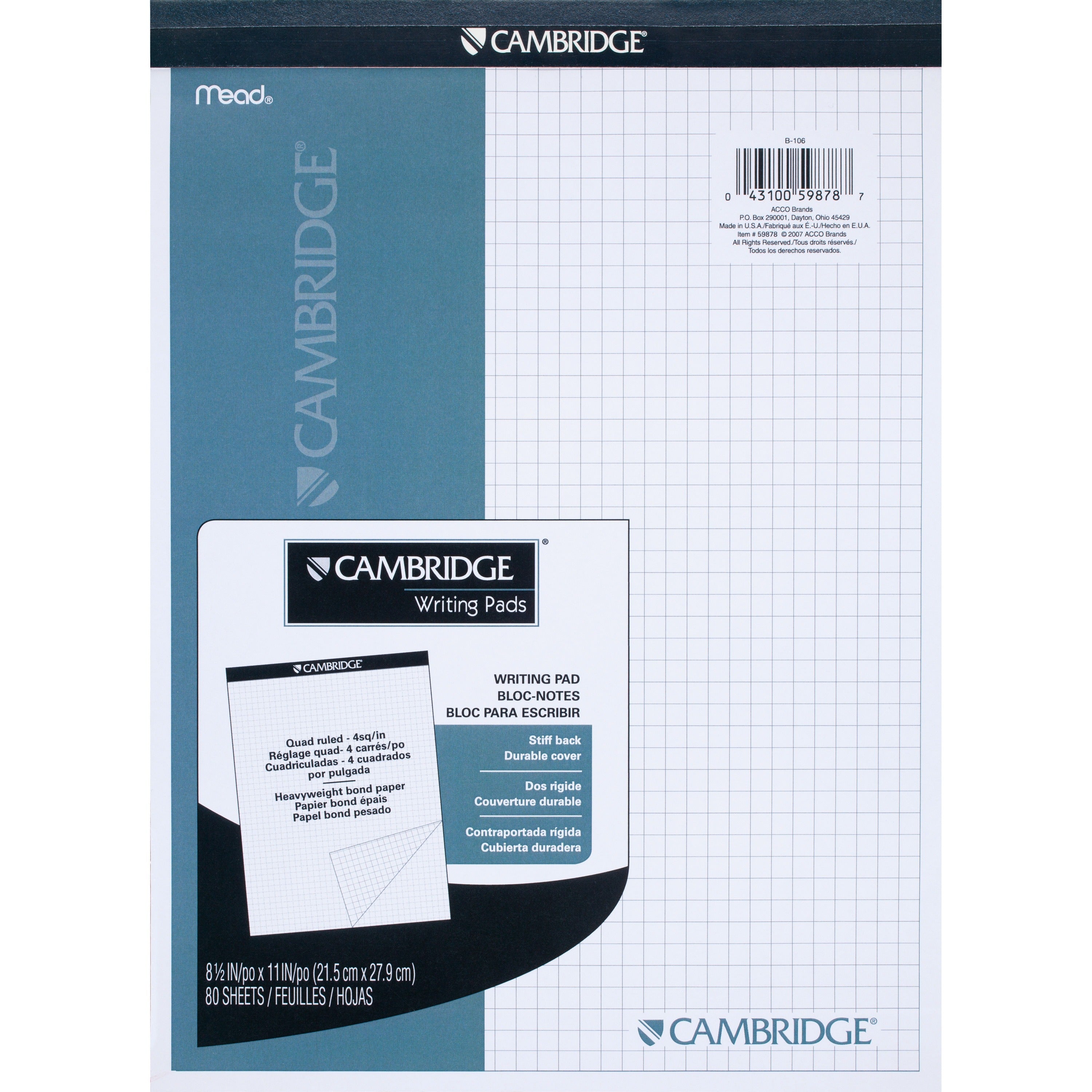 Mead Quad Ruled Stiff - Back Planning Pad - Letter - 80 Sheets - Letter - 8 1/2" x 11" - Assorted Paper - Navy Cover - Heavyweight, Micro Perforated, Stiff-back - 80 / Pad -