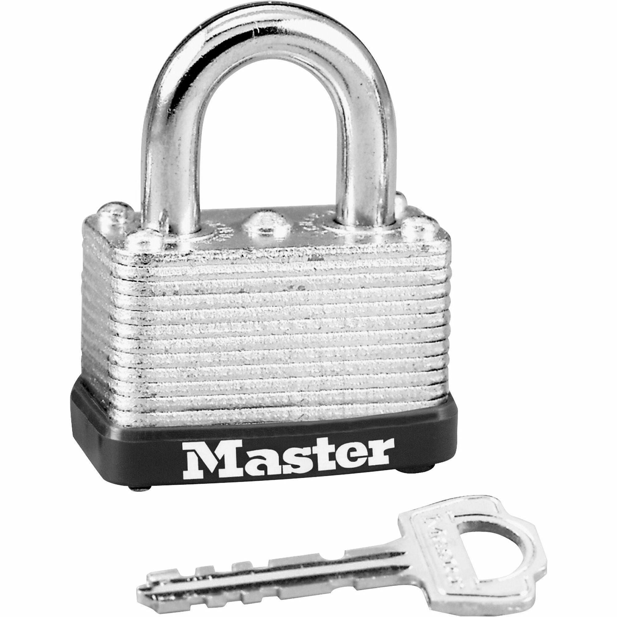 Master Lock Warded Padlock - Keyed Different - 0.25" Shackle Diameter - Cut Resistant, Dirt Resistant - Laminated Steel - Silver - 1 Each -