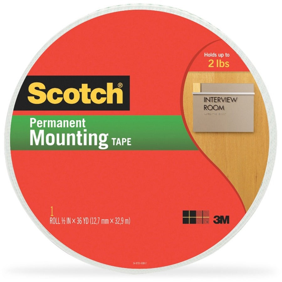 Scotch Double-Coated Foam Mounting Tape - 36 yd Length x 0.50" Width - 62.5 mil Thickness - 1" Core - Polyurethane - Long Lasting, Temperature Resistant - For Mounting - 1 / Roll - White -