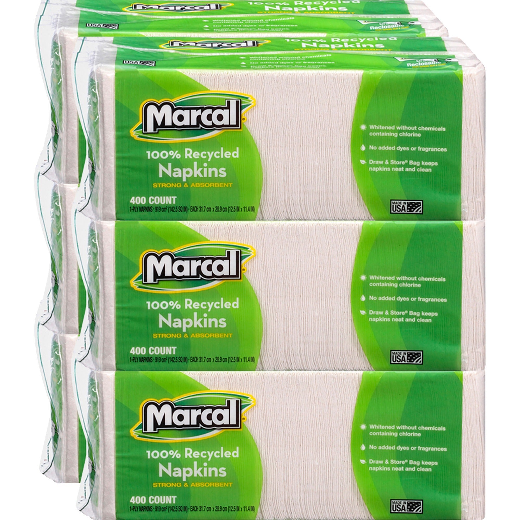 Marcal 100% Recycled Luncheon Napkins - 1 Ply - 12.50" x 11.40" - White - Paper - Hypoallergenic, Dye-free, Fragrance-free, Strong, Absorbent - For Food Service, Office Building, Lunch - 400 Per Pack - 6 / Carton -