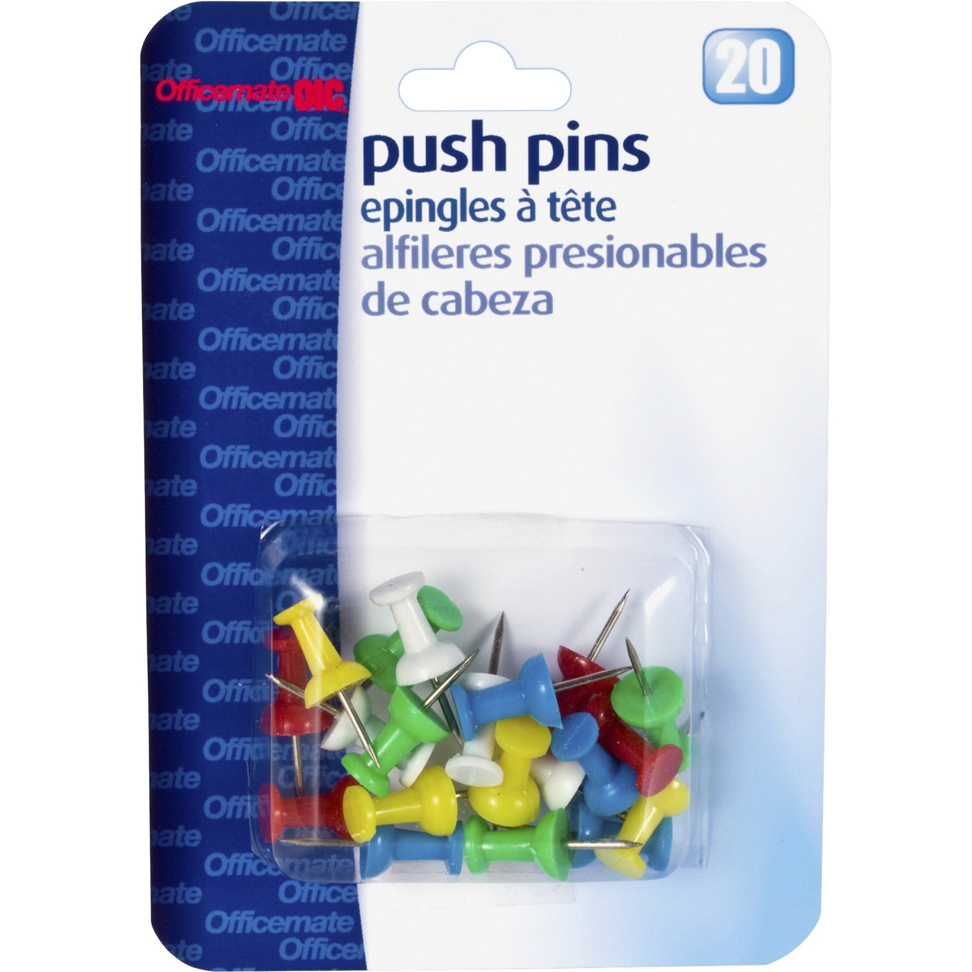 Officemate Precision Pushpins - 0.5" Length x 0.3" Diameter - 20 / Pack - Assorted -