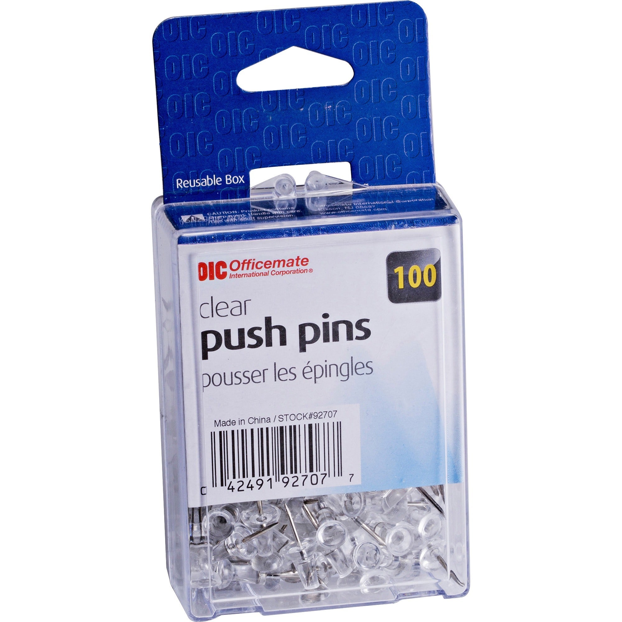 Officemate Precision Pushpins - 0.5" Length x 0.3" Diameter - 100 / Box - Clear -