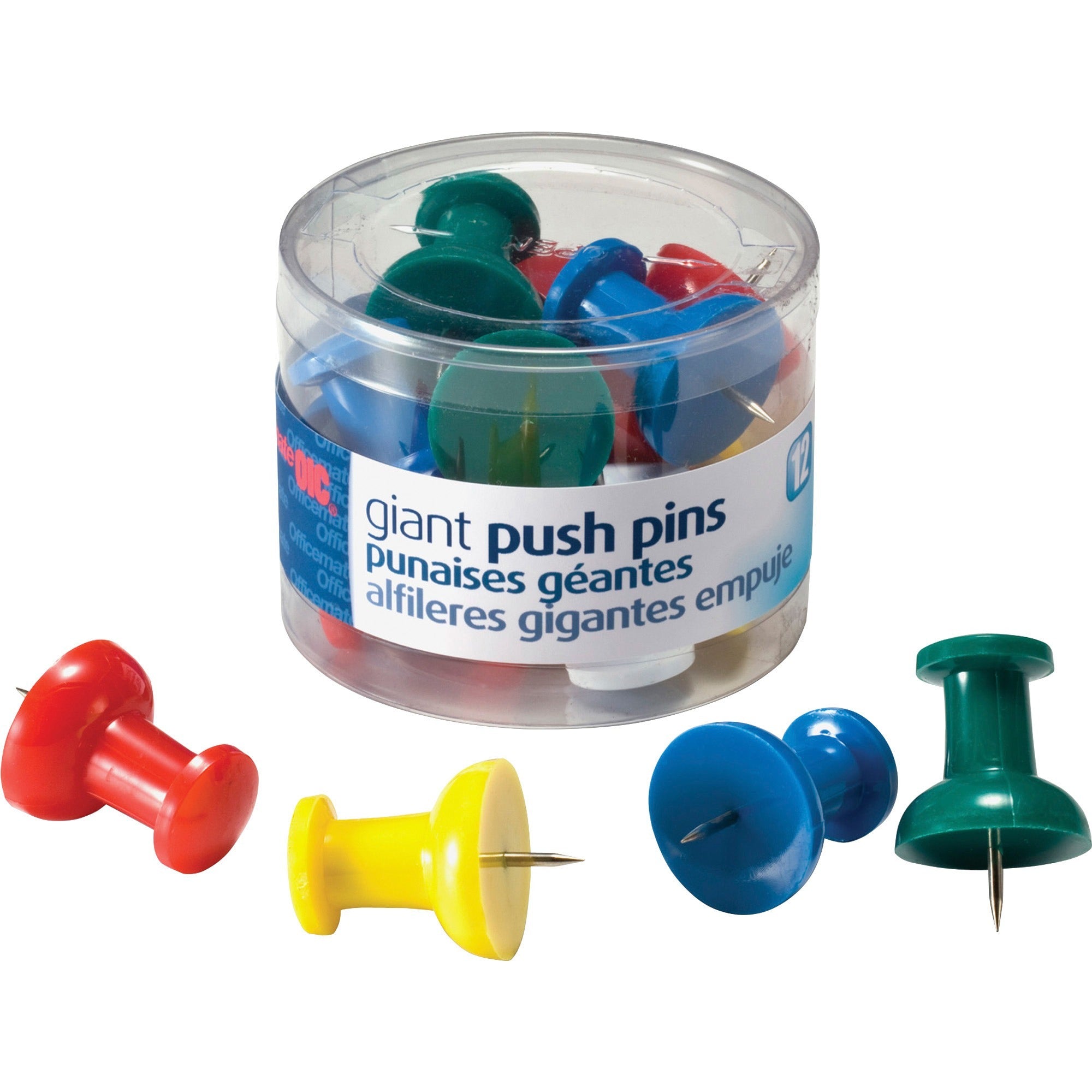 Officemate Giant Push Pins - 1.5" Length - 12 / Pack - Assorted -