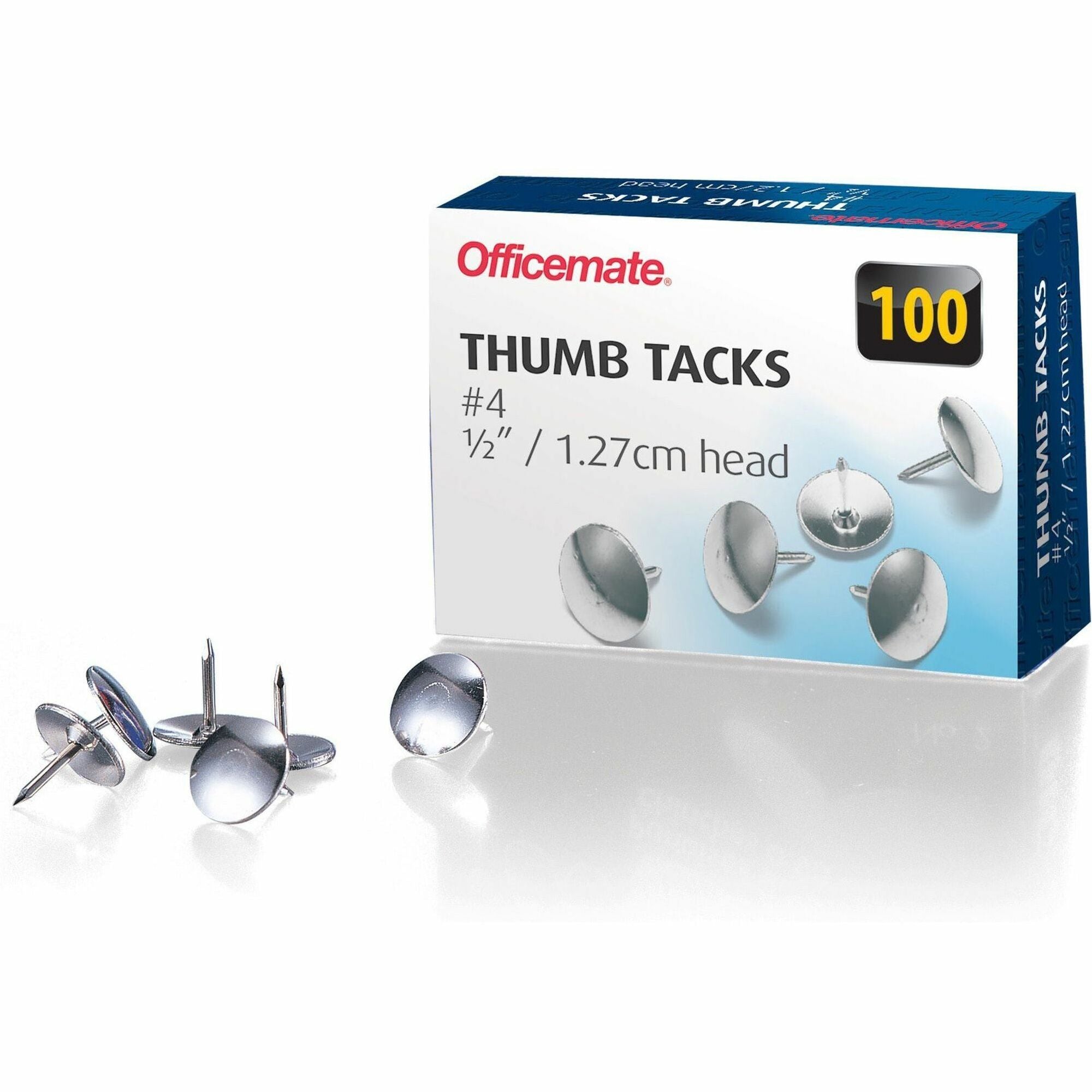 Officemate Steel Thumb Tacks - 0.50" Head - 100 / Box - Silver -