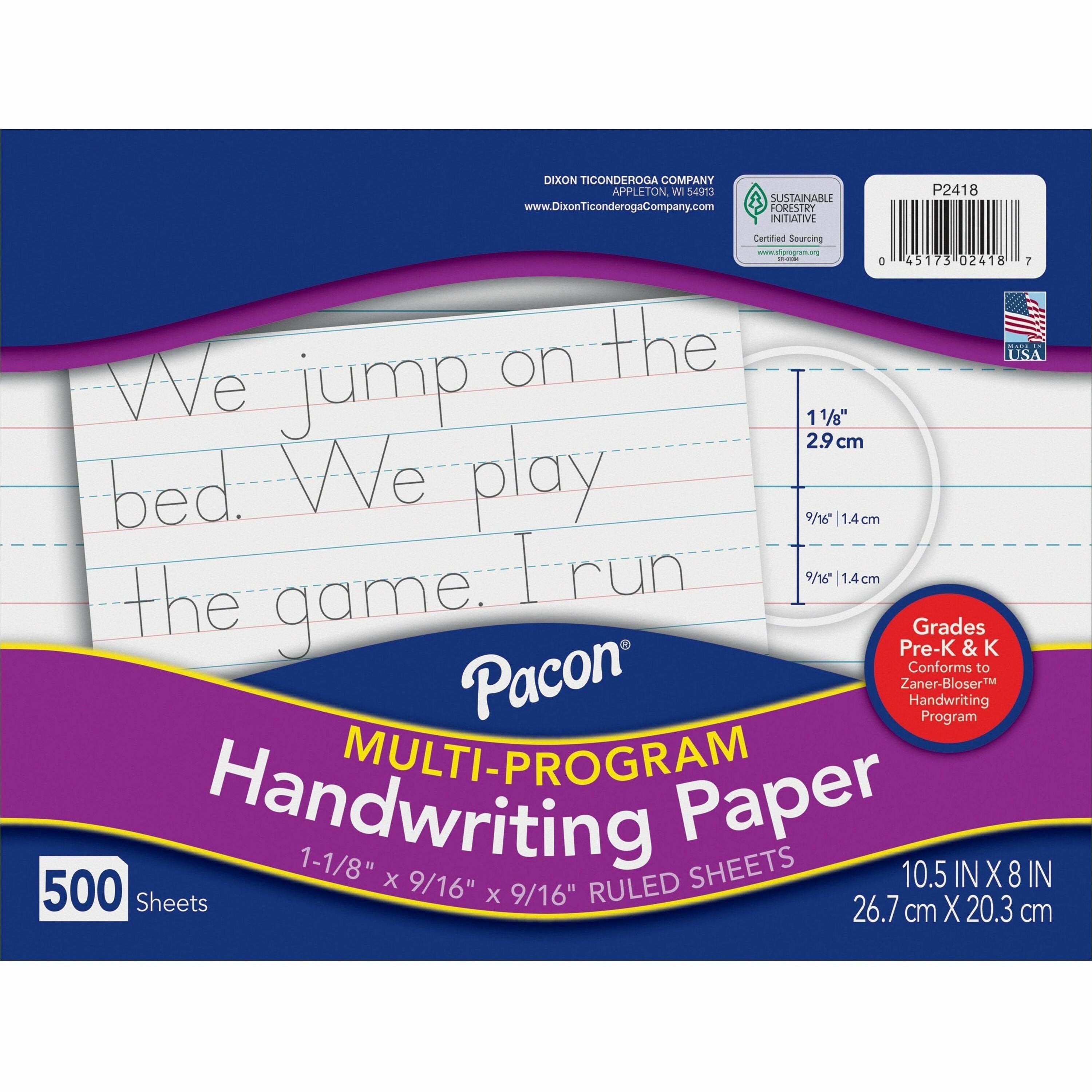 Pacon Multi-Program Handwriting Papers - 500 Sheets - 1.13" Ruled - Unruled Margin - 10 1/2" x 8" - White Paper - 500 / Ream -