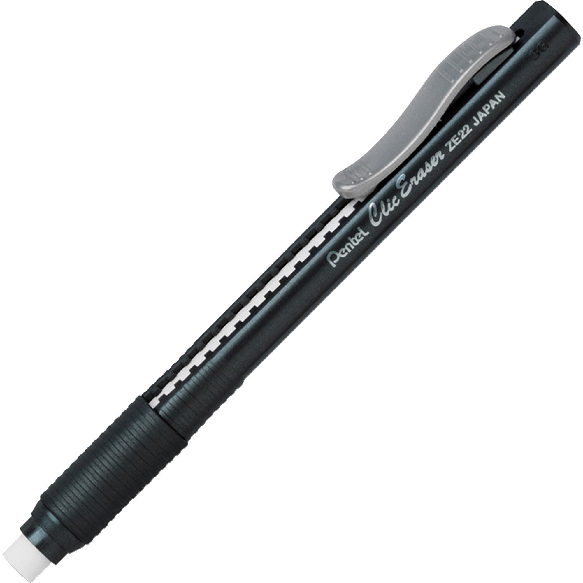 Pentel Rubber Grip Clic Eraser - Black - Black - Pen - Refillable - 1 Each - Retractable, Latex-free Grip, Ghost Resistant, Pocket Clip -