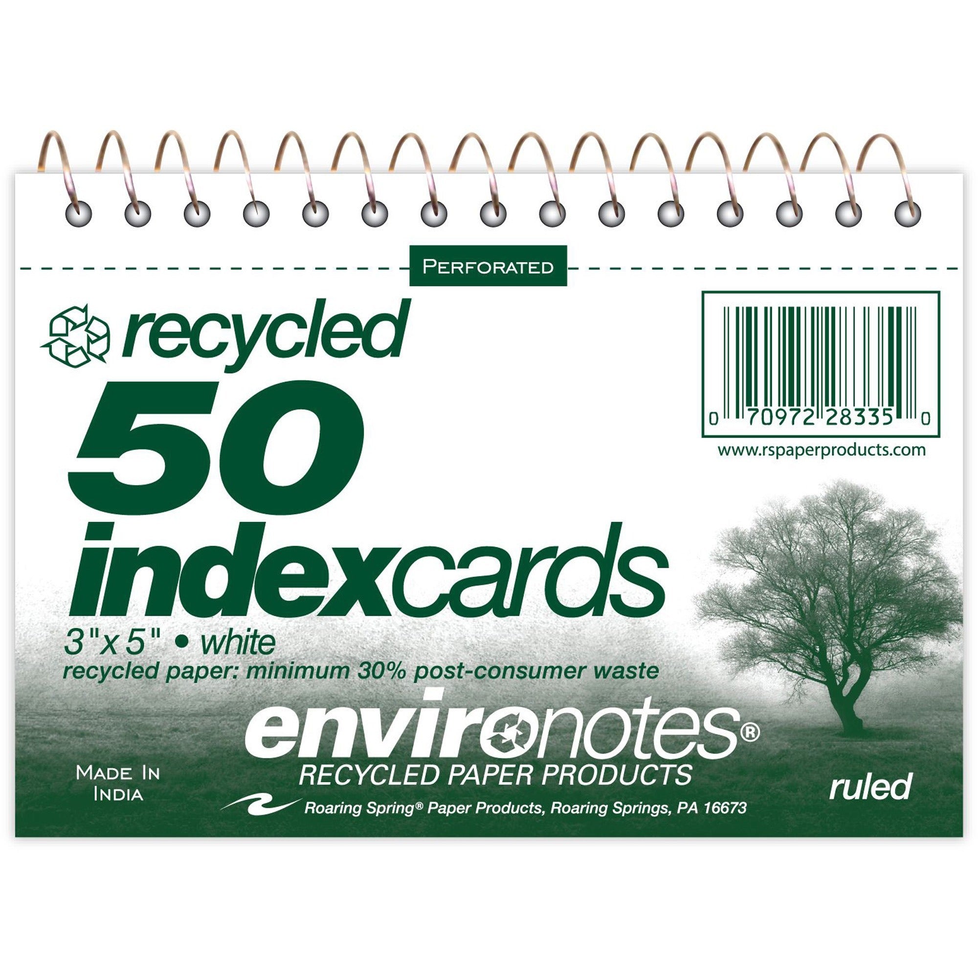 Roaring Spring Environotes Ruled Lined Perforated Spiralbound Recycled Index Cards - 50 Sheets - 100 Pages - Printed - Spiral Bound - Front Ruling Surface - 43 lb Basis Weight - 160 g/m2 Grammage - 3 1/2" x 5" - 0.30" x 5" x 3.5" - White Paper - -
