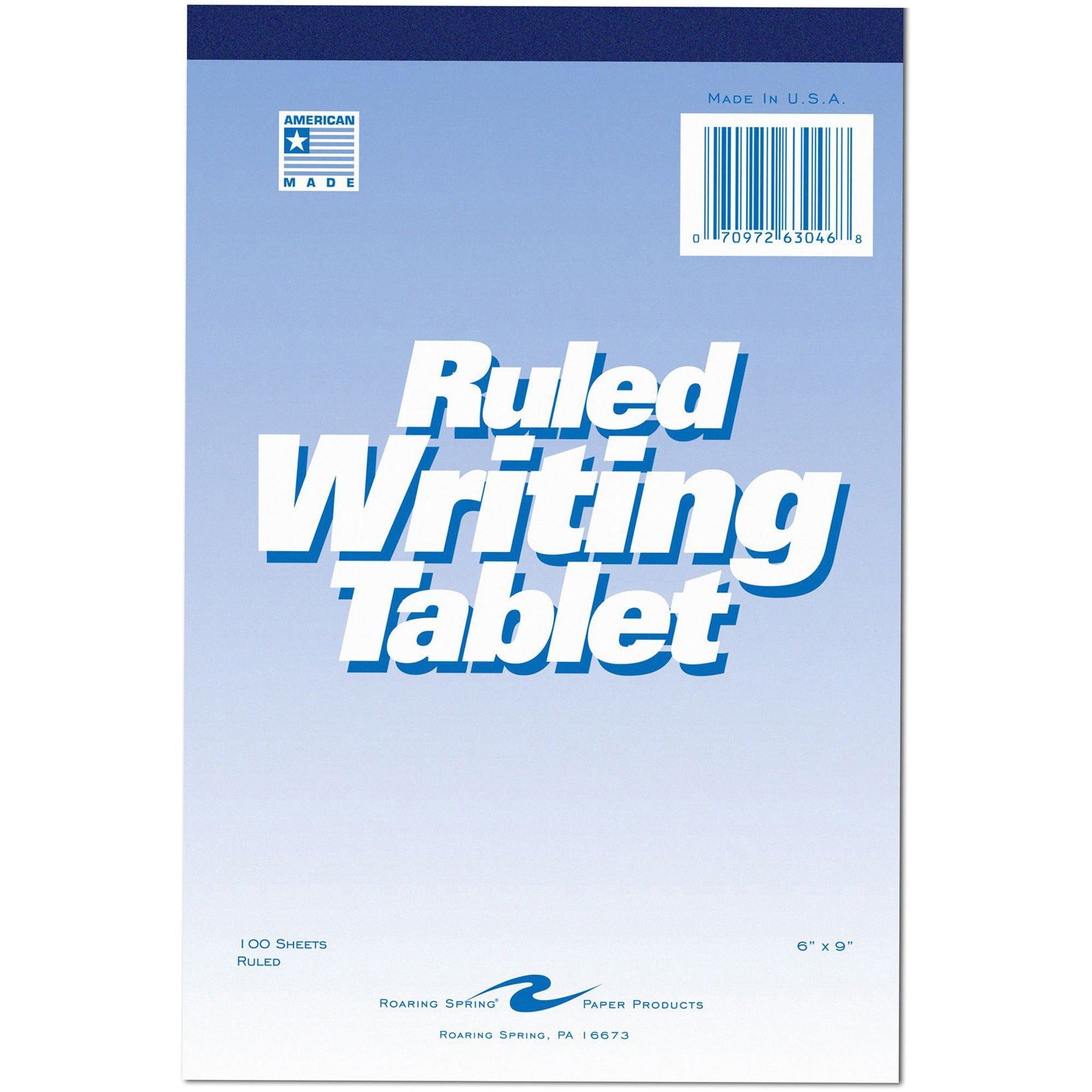 Roaring Spring Ruled Writing Tablets - 100 Sheets - Glued/Tapebound - 15 lb Basis Weight - 6" x 9" - White Paper - WhiteChipboard Cover - Chipboard Backing - 1 Each -