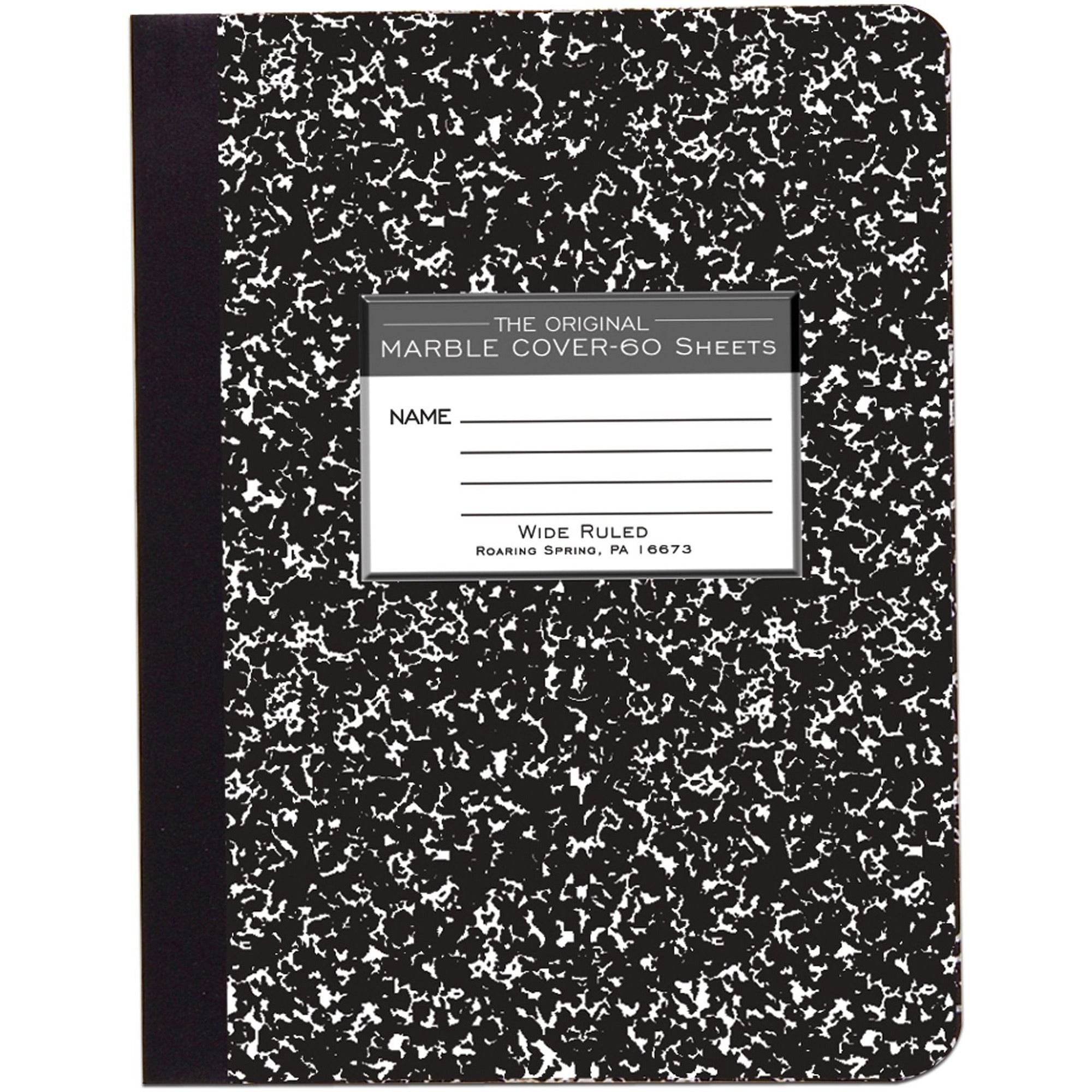 Roaring Spring Wide Ruled Hard Cover Composition Book - 60 Sheets - 120 Pages - Printed - Sewn/Tapebound - Both Side Ruling Surface - Red Margin - 15 lb Basis Weight - 56 g/m2 Grammage - 9 3/4" x 7 1/2" - 0.27" x 7.5" x 9.8" - White Paper - Blac -