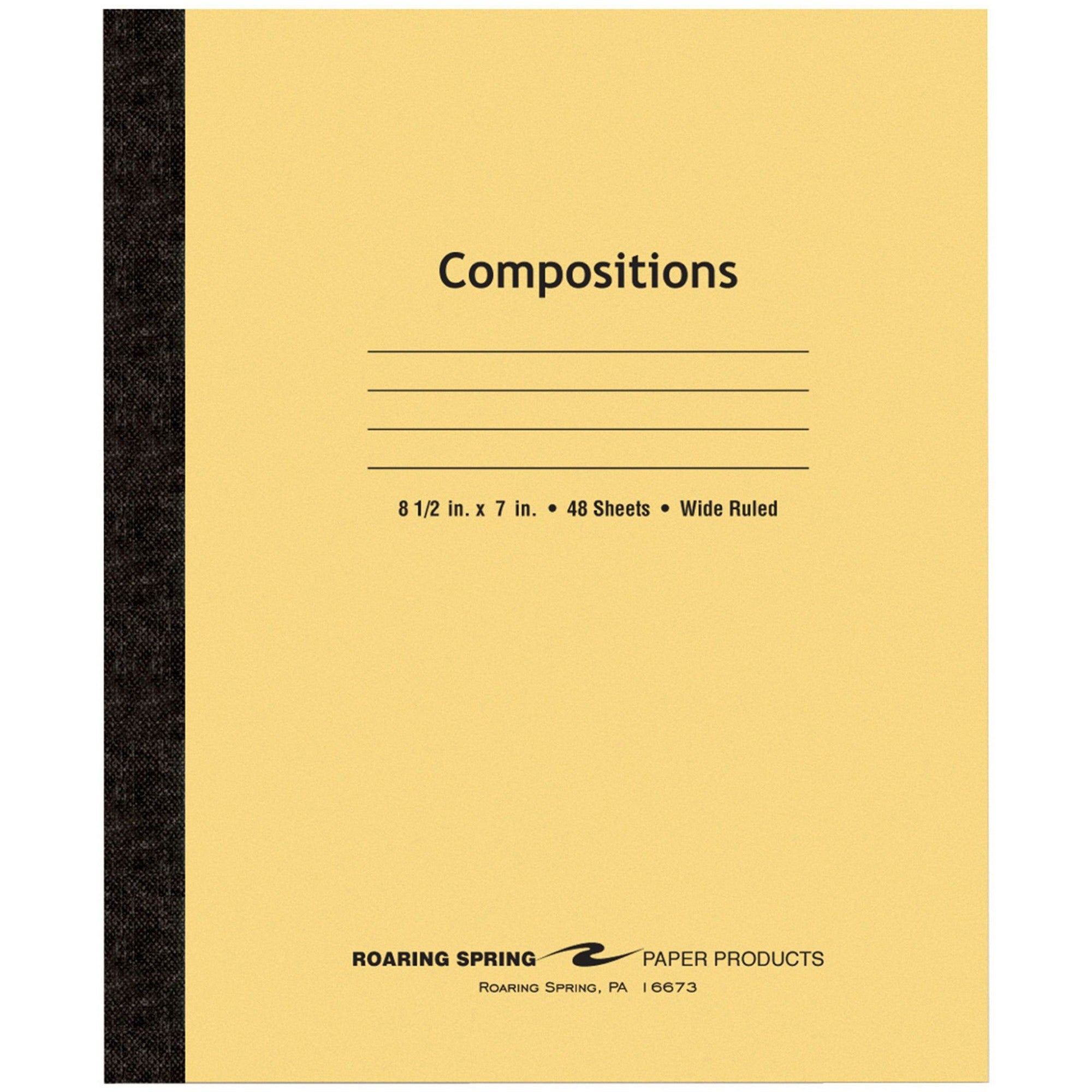 Roaring Spring Wide Ruled Flexible Cover Composition Book - 48 Sheets - 96 Pages - Printed - Sewn/Tapebound - Both Side Ruling Surface - 15 lb Basis Weight - 56 g/m2 Grammage - 8 1/2" x 7" - 0.25" x 7" x 8.5" - White Paper - Black Binding - 1 Ea -