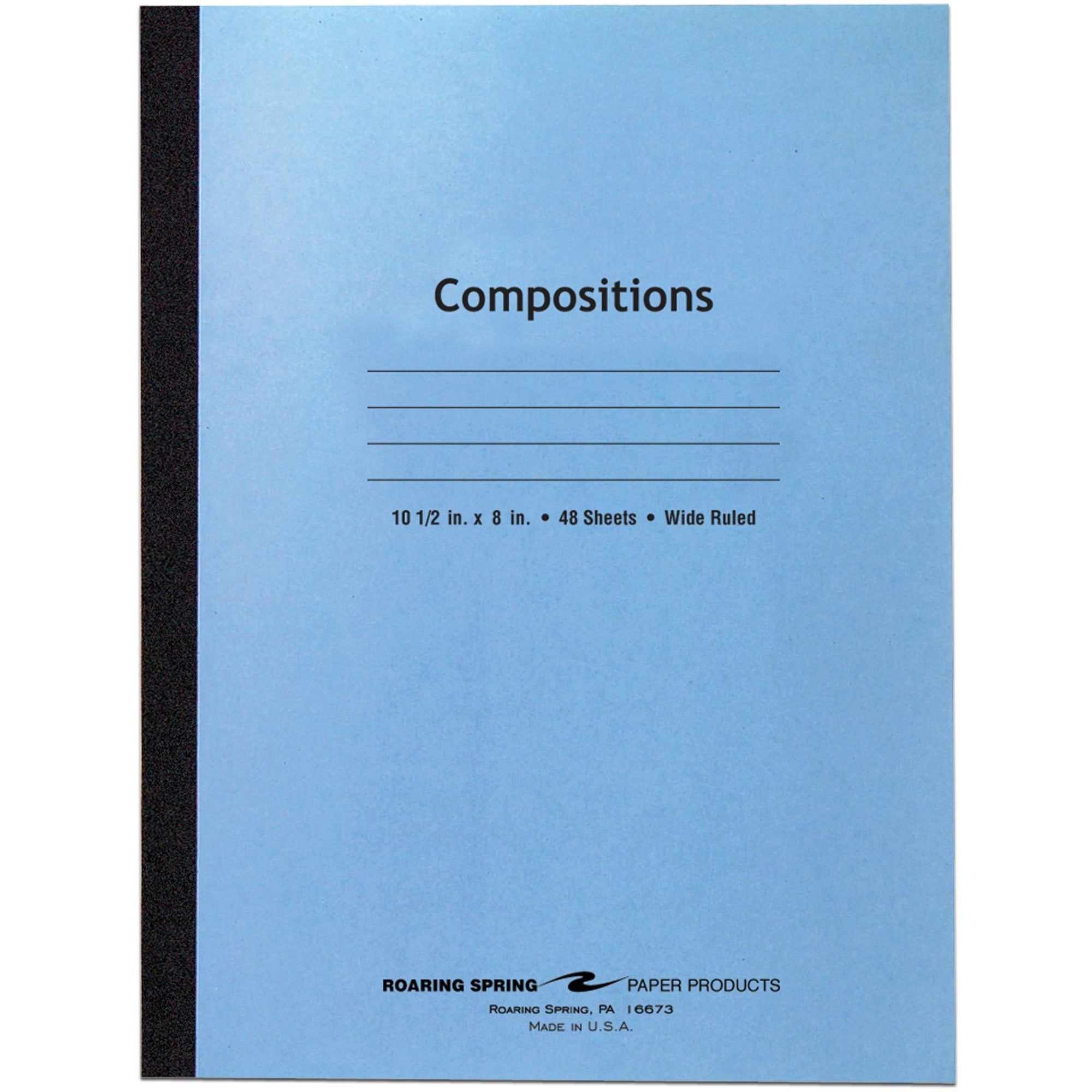 Roaring Spring Wide Ruled Flexible Cover Composition Book - 48 Sheets - 96 Pages - Printed - Sewn/Tapebound - Both Side Ruling Surface - Red Margin - 15 lb Basis Weight - 56 g/m2 Grammage - 10 1/2" x 8" - 0.25" x 8" x 10.5" - White Paper - Black -