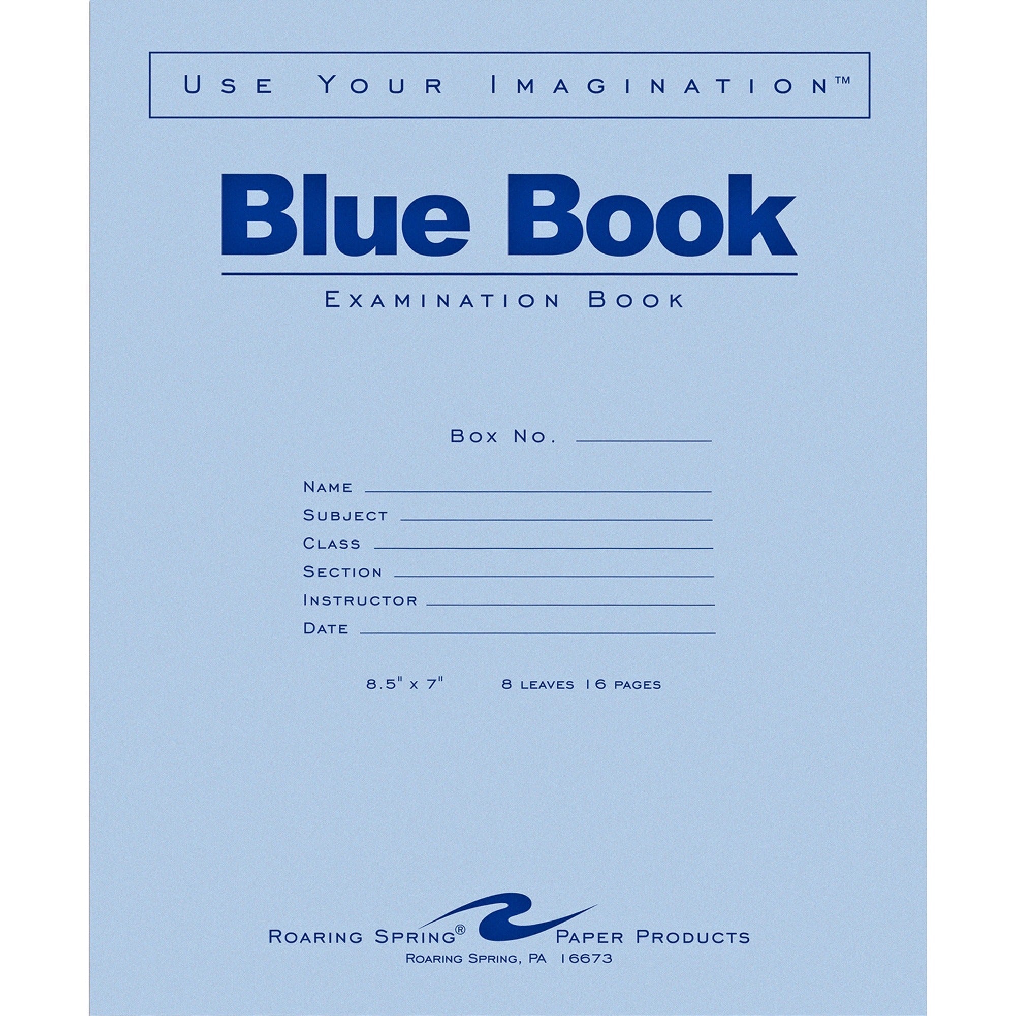 Roaring Spring Blue Book 8-sheet Exam Booklet - 8 Sheets - 16 Pages - Stapled/Glued - Red Margin - 15 lb Basis Weight - 7" x 8 1/2" - White Paper - Blue Cover - Flexible Cover - 50 / Pack -