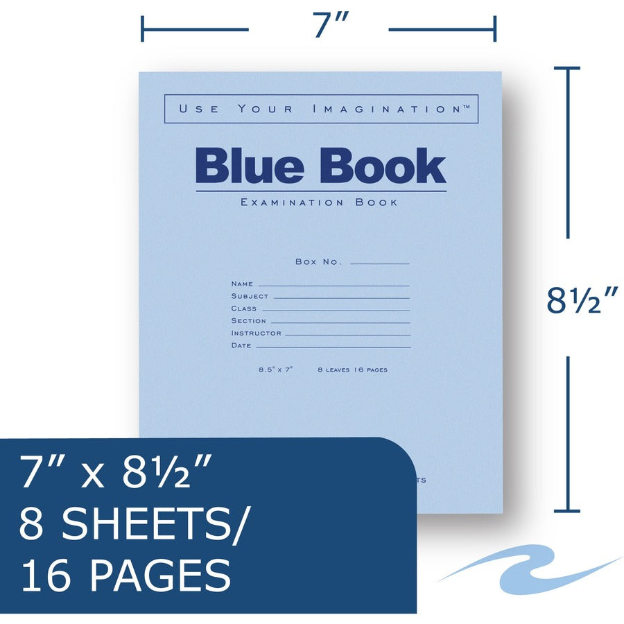 Roaring Spring Blue Book 8-sheet Exam Booklet - 8 Sheets - 16 Pages - Stapled/Glued - Red Margin - 15 lb Basis Weight - 7" x 8 1/2" - White Paper - Blue Cover - Flexible Cover - 50 / Pack -