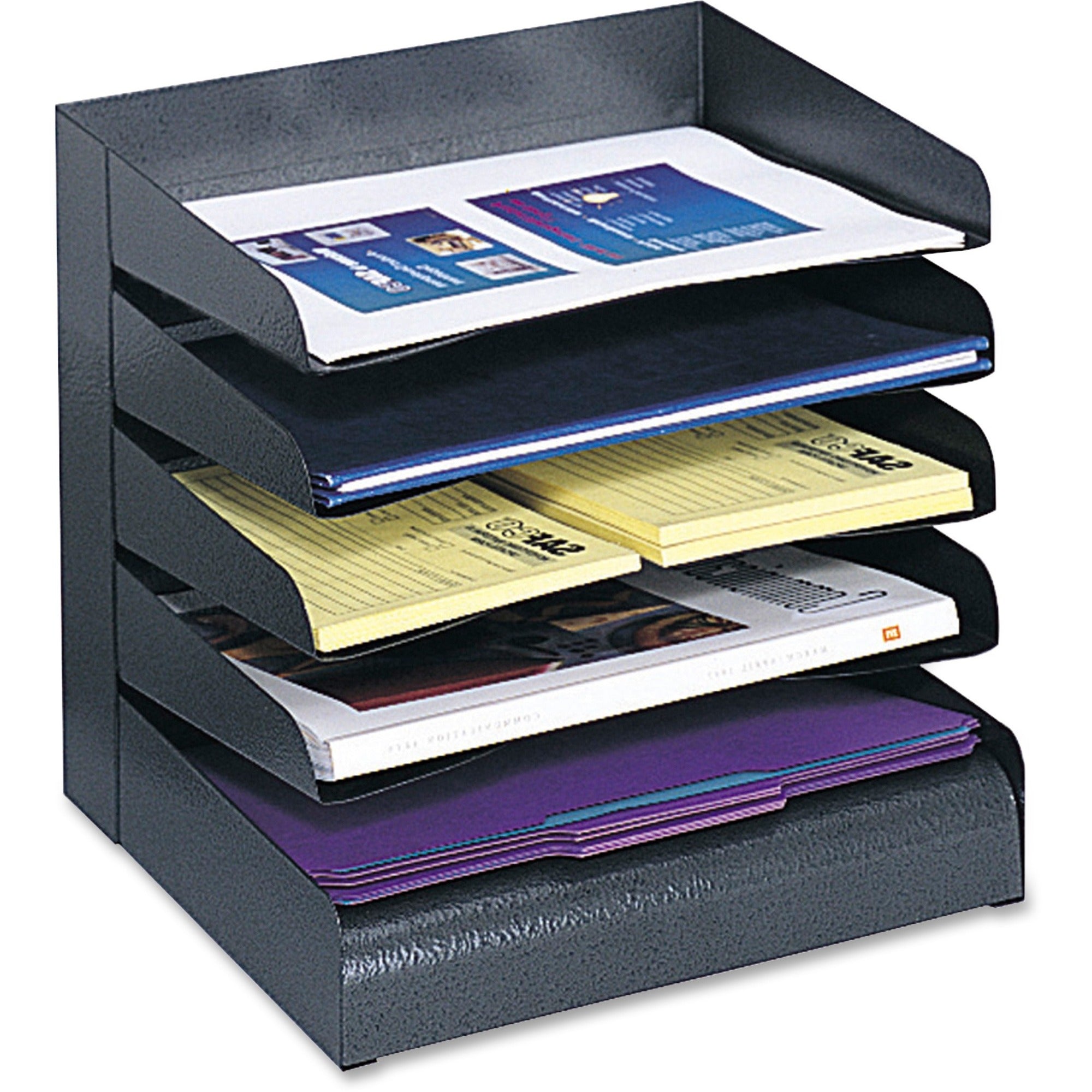 Safco Slanted Shelves Steel Desk Tray Sorter - 5 Tier(s)Desktop - Durable - Powder Coated - Black - Steel - 1 Each -