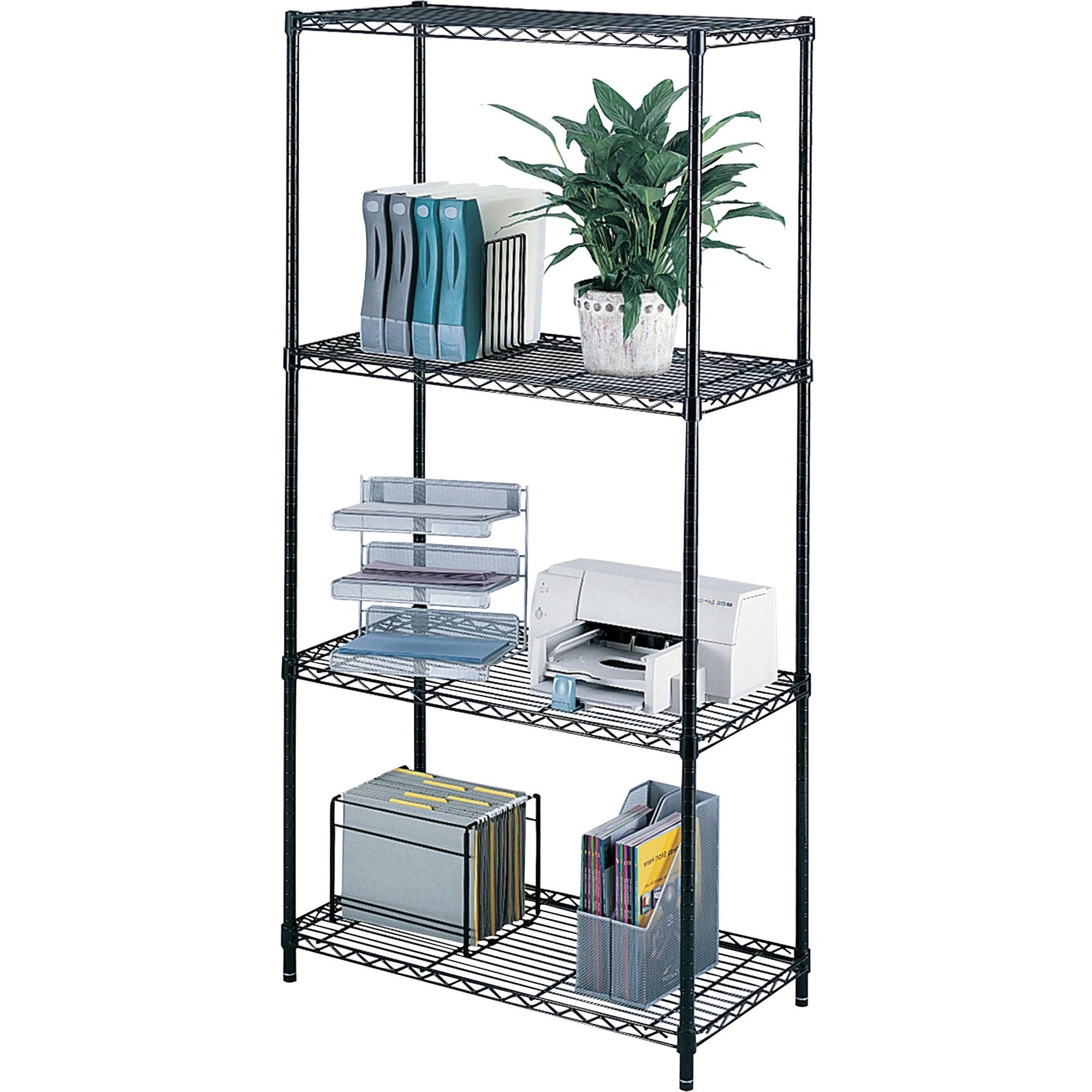 Safco Industrial Wire Shelving - 48" x 18" x 72" - 4 x Shelf(ves) - 1250 lb Load Capacity - Leveling Glide, Dust Proof, Adjustable Leveler, Adjustable Feet - Black - Powder Coated - Steel - Assembly Required -