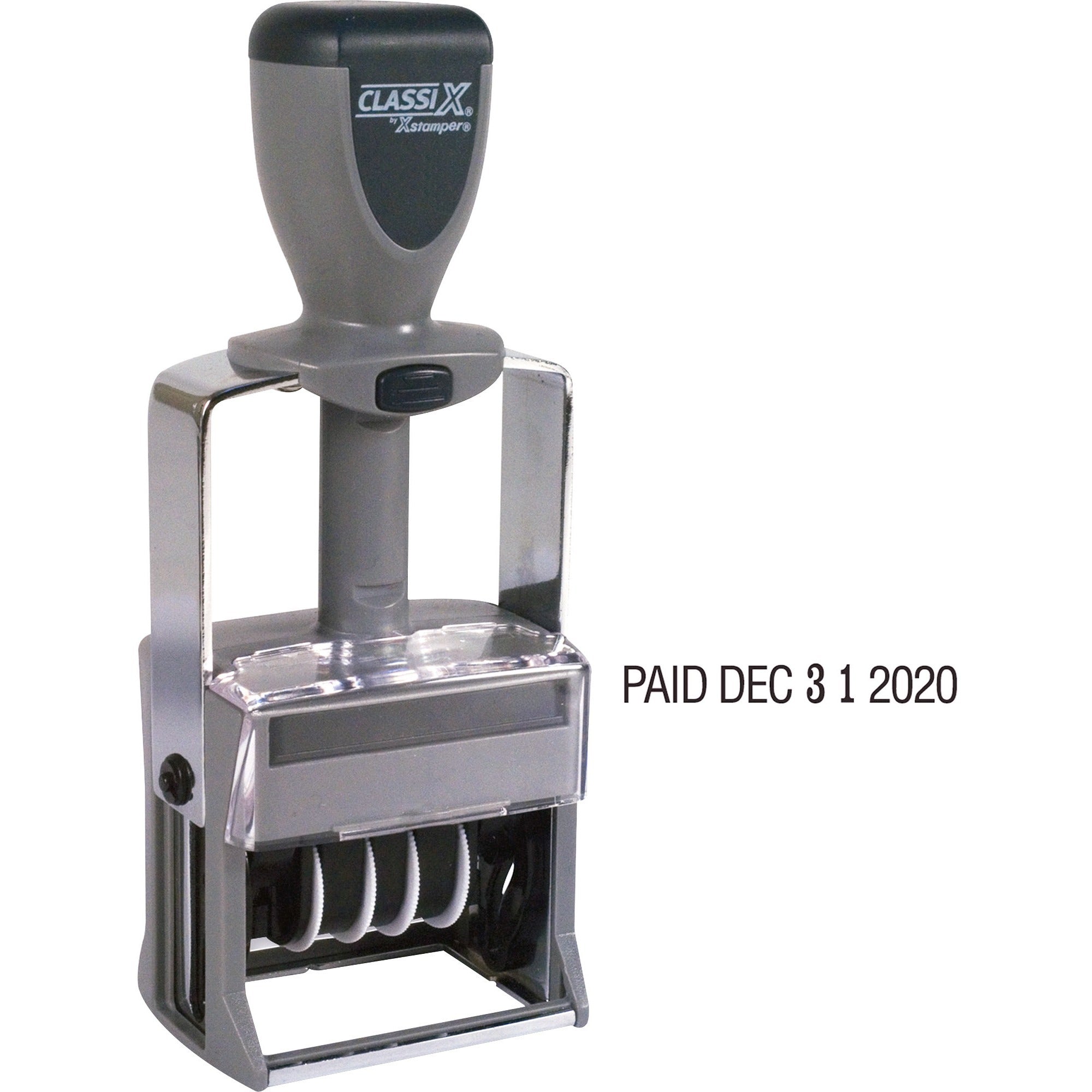 Xstamper Self-Inking 12 Phrase Dater - Message/Date Stamp - "REC'D, ANS'D, ENT'D, PAID, SHIPPED, CHARGED, CANCELLED, C.O.D., FILLED, FILED" - Black - Metal - 1 Each -