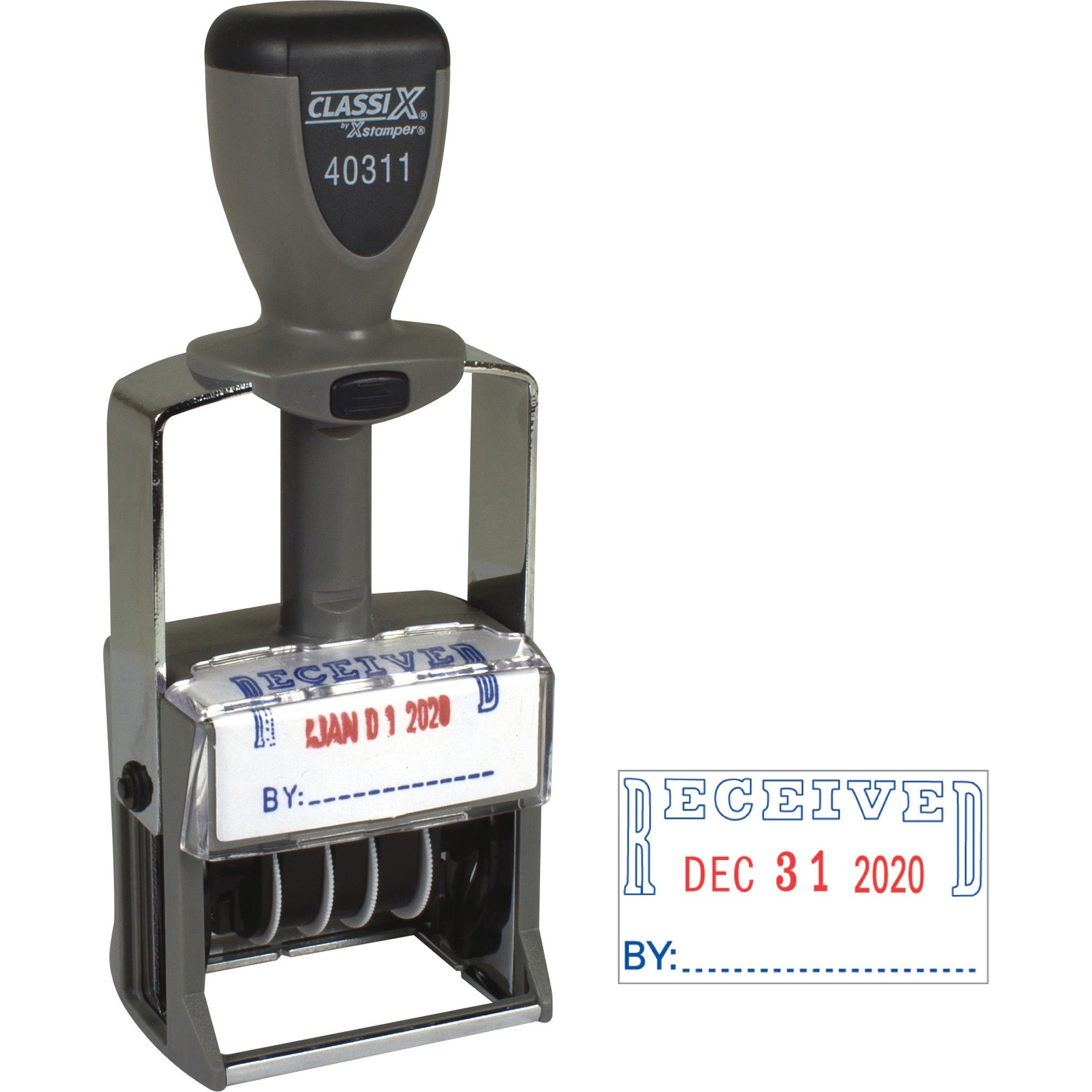 Xstamper Heavy-duty RECEIVED Self-Ink Dater - Message/Date Stamp - "RECEIVED" - Red, Blue - Metal, Plastic Metal - 1 Each -