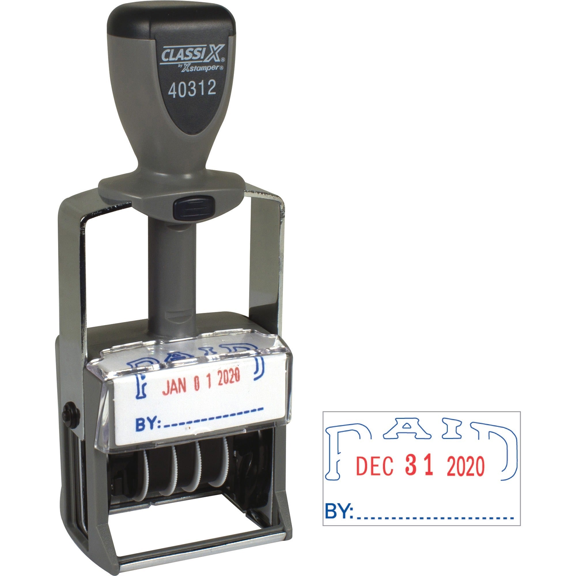 Xstamper Heavy-duty PAID Self-Inking Dater - Message/Date Stamp - "PAID" - Blue, Red - Metal, Plastic Metal - 1 Each -