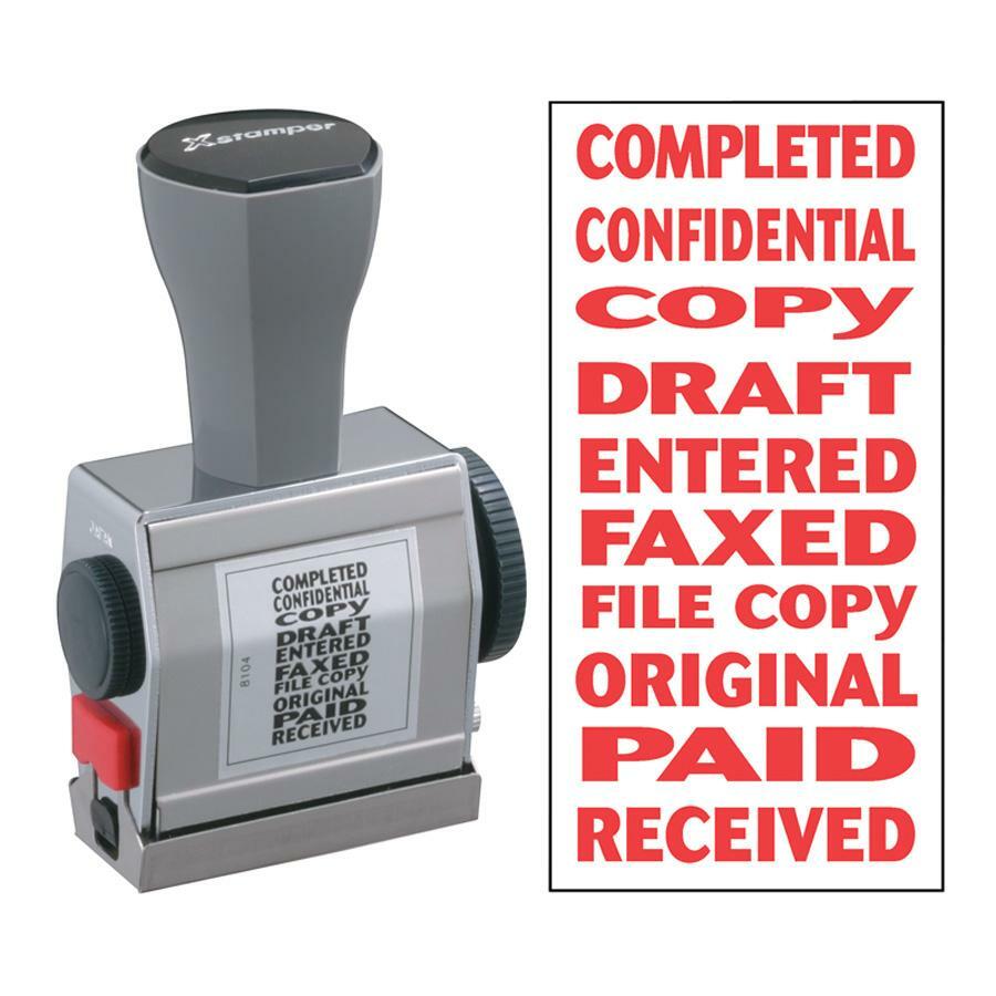 Xstamper 10-In-1 Phrase Stamp - Message Stamp - "COMPLETED, CONFIDENTIAL, COPY, DRAFT, ENTERED, FAXED, FILE COPY, ORIGINAL, PAID, RECEIVED" - 0.19" Impression Width x 1.50" Impression Length - Red - 1 Each -