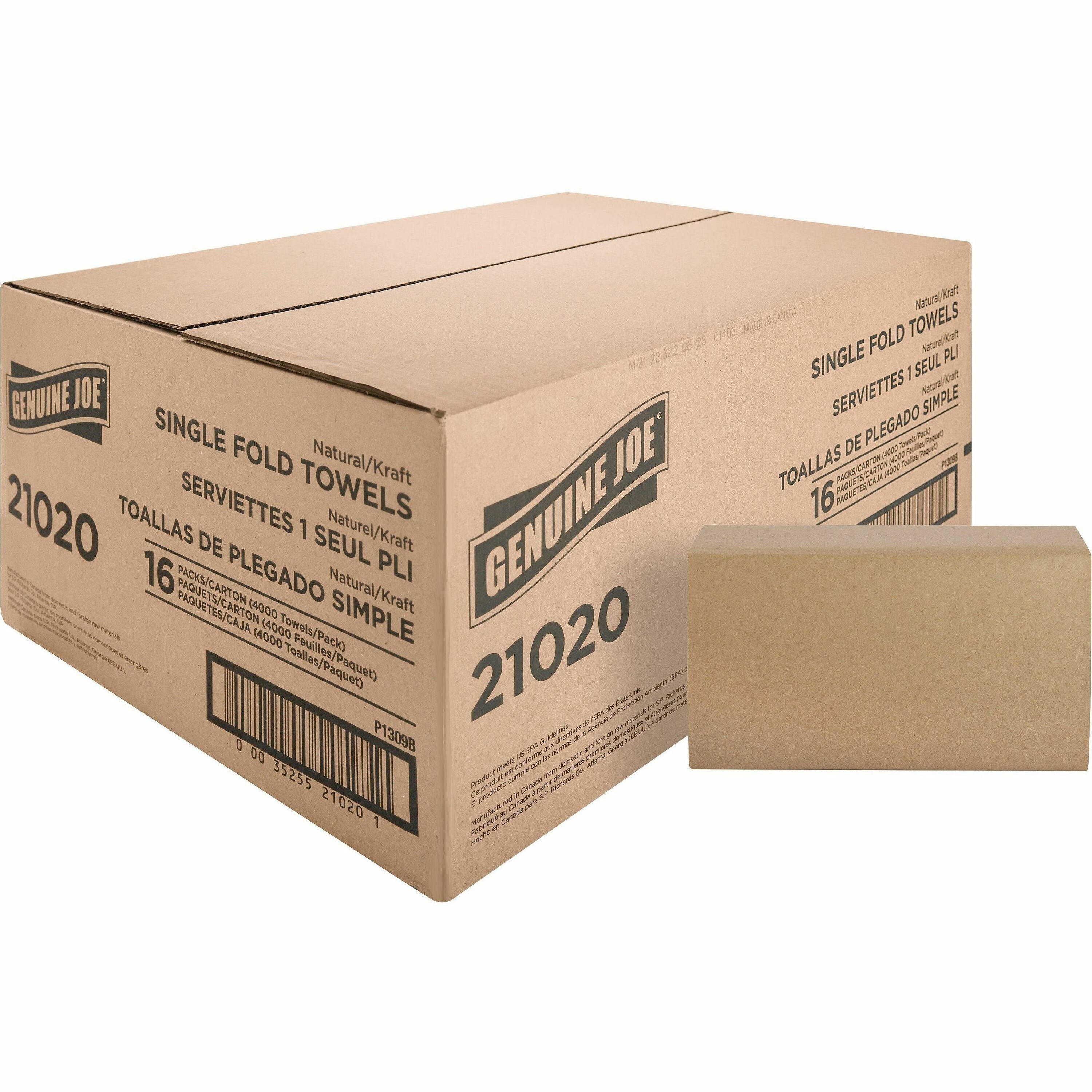 Genuine Joe Single-Fold Value Paper Towels - 1 Ply - 10.25" x 9.10" - Natural - Recyclable, Singlefold, Embossed - For Washroom, Restroom, Public Facilities, Industry, Education - 250 Per Pack - 16 / Carton -