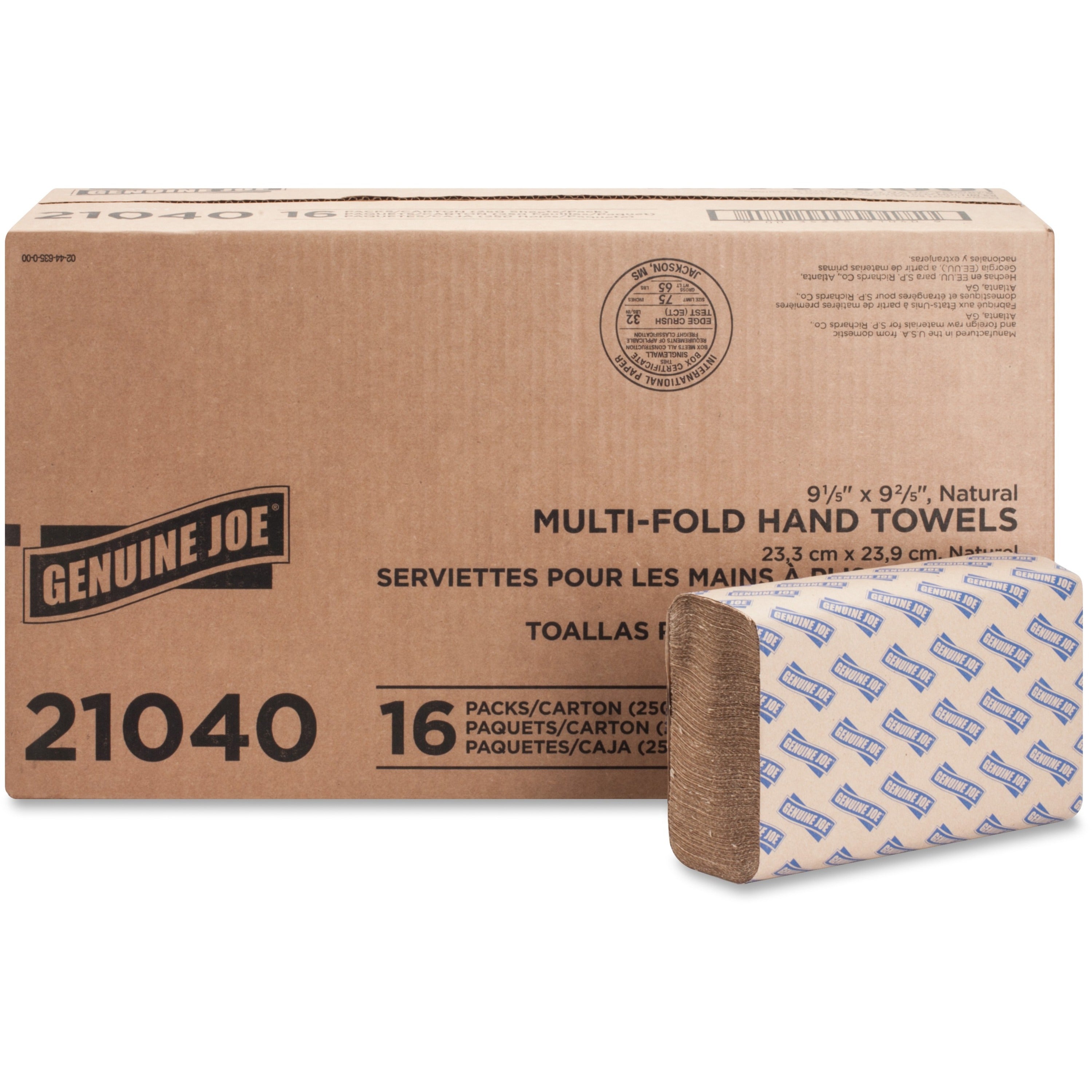 Genuine Joe Multifold Natural Towels - 1 Ply - Multifold - 9.25" x 9.40" - Natural - Paper - Chlorine-free, Interfolded, Embossed - For Restroom, Public Facilities, Commercial, Office, Breakroom, Kitchen - 250 Per Pack - 16 / Carton -