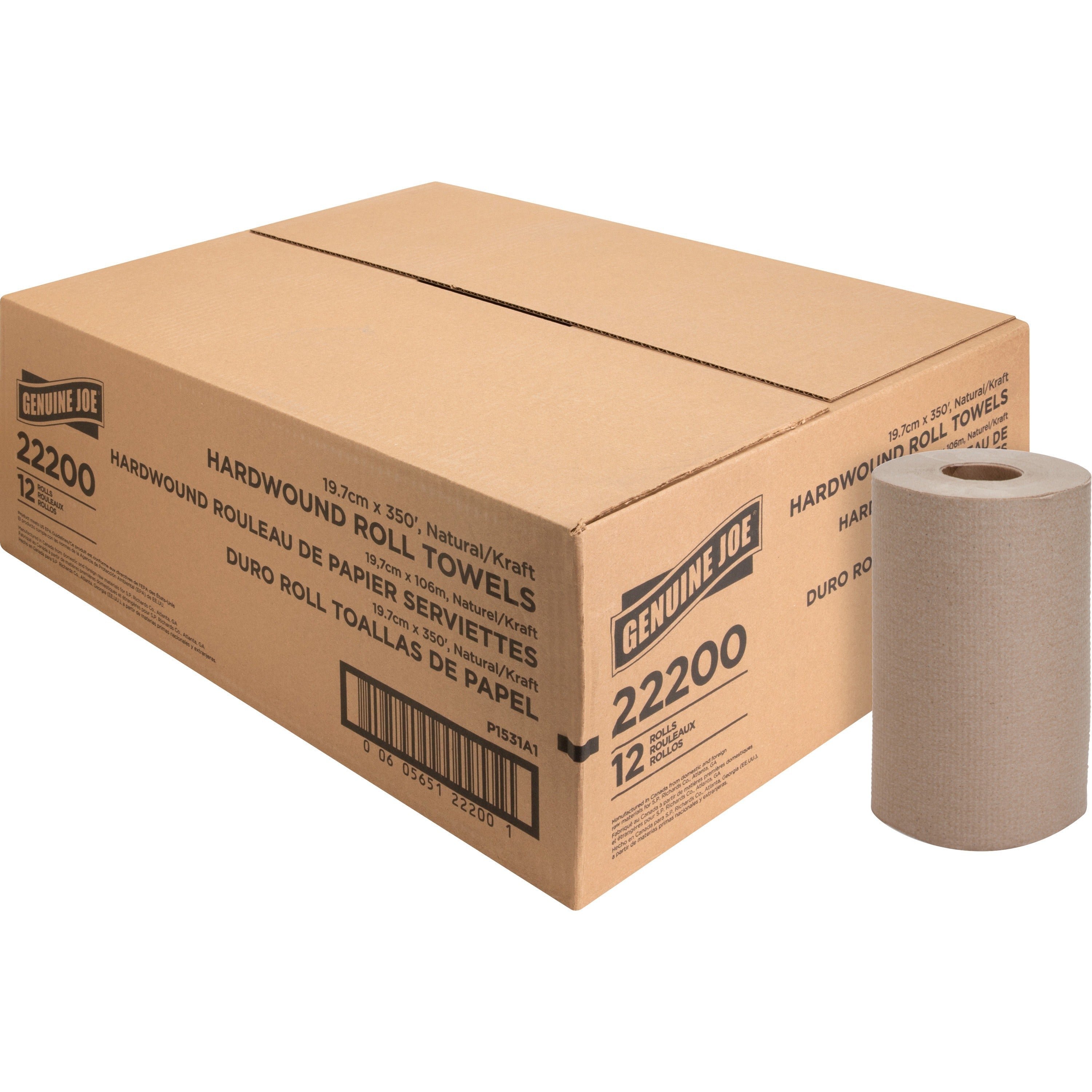 Genuine Joe Embossed Hardwound Roll Towels - 7.88" x 350 ft - 2" Core - Natural - Absorbent, Embossed - For Restroom - 12 / Carton -