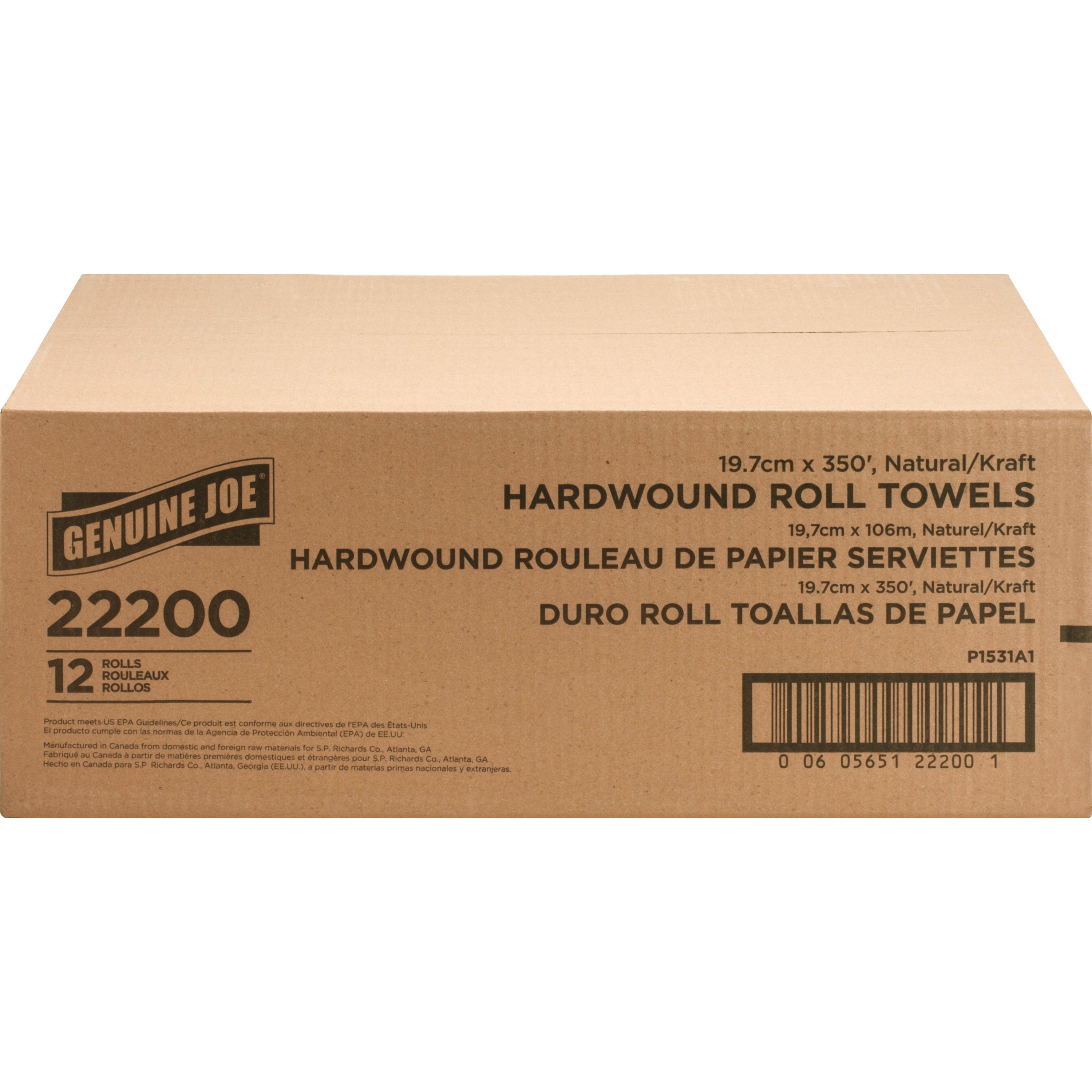 Genuine Joe Embossed Hardwound Roll Towels - 7.88" x 350 ft - 2" Core - Natural - Absorbent, Embossed - For Restroom - 12 / Carton -