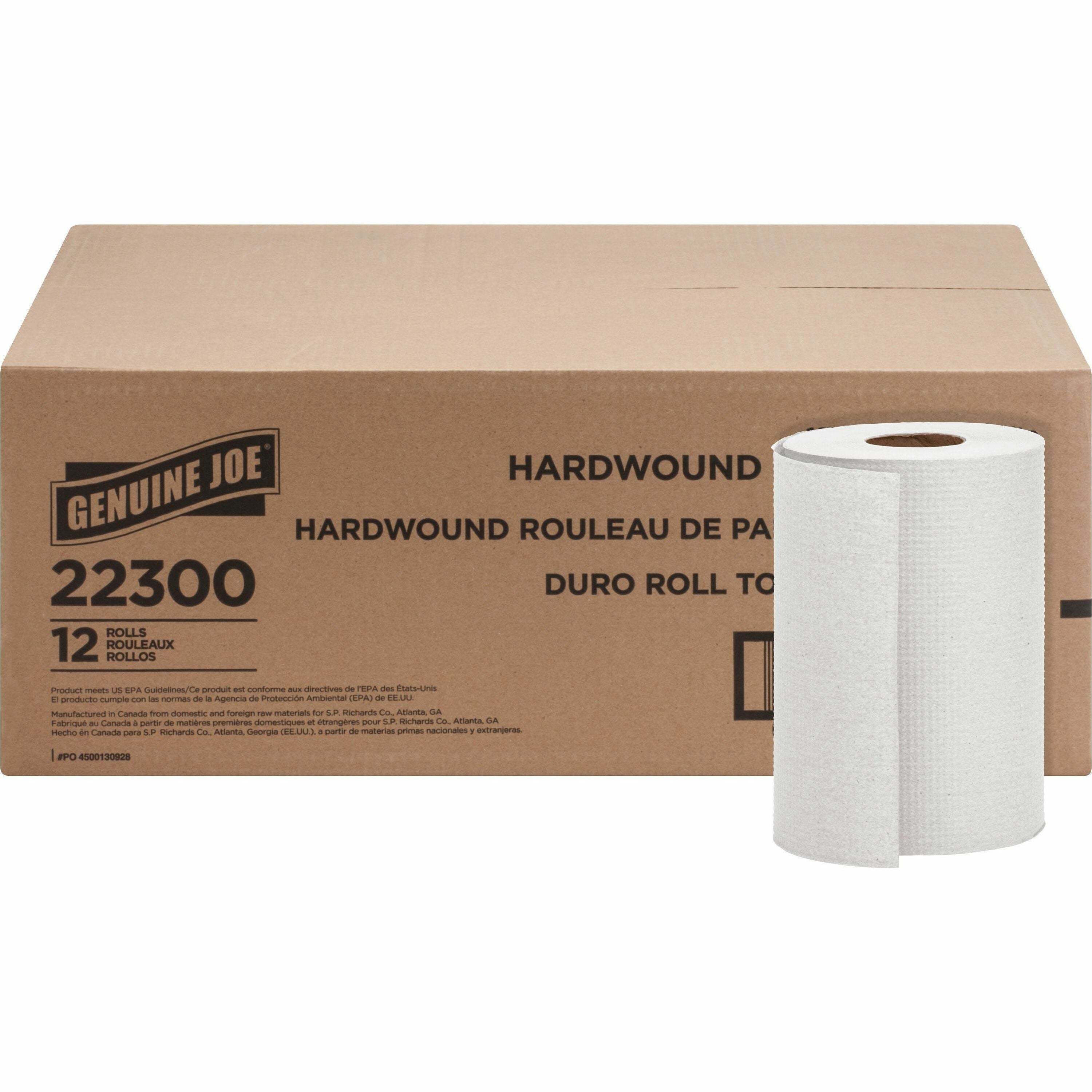 Genuine Joe Hardwound Roll Paper Towels - 7.88" x 350 ft - 2" Core - White - Absorbent, Embossed - For Restroom - 12 / Carton -