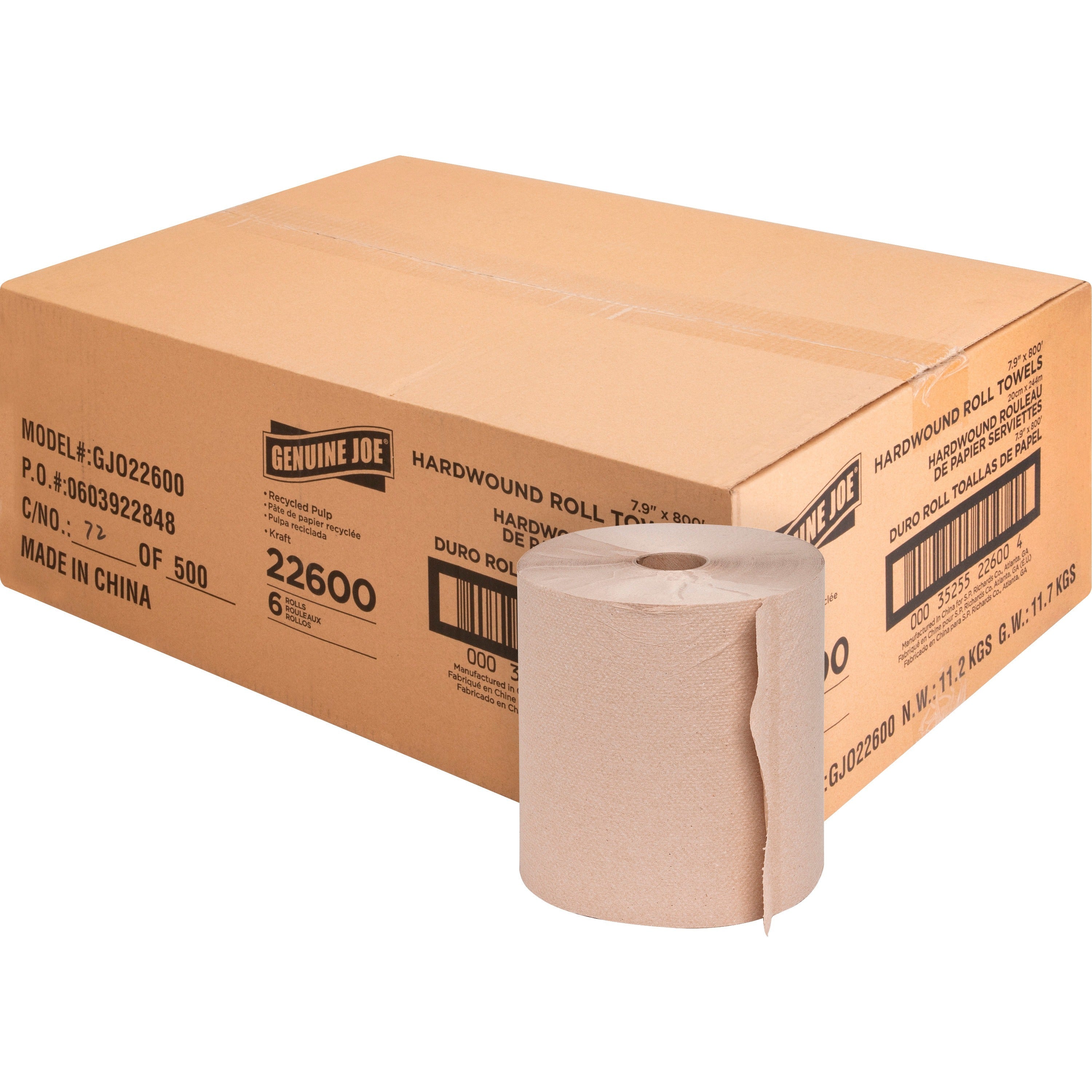 Genuine Joe Embossed Hardwound Roll Towels - 7.90" x 800 ft - 2" Core - Natural - Absorbent, Chlorine-free, Embossed - For Restroom - 6 / Carton -