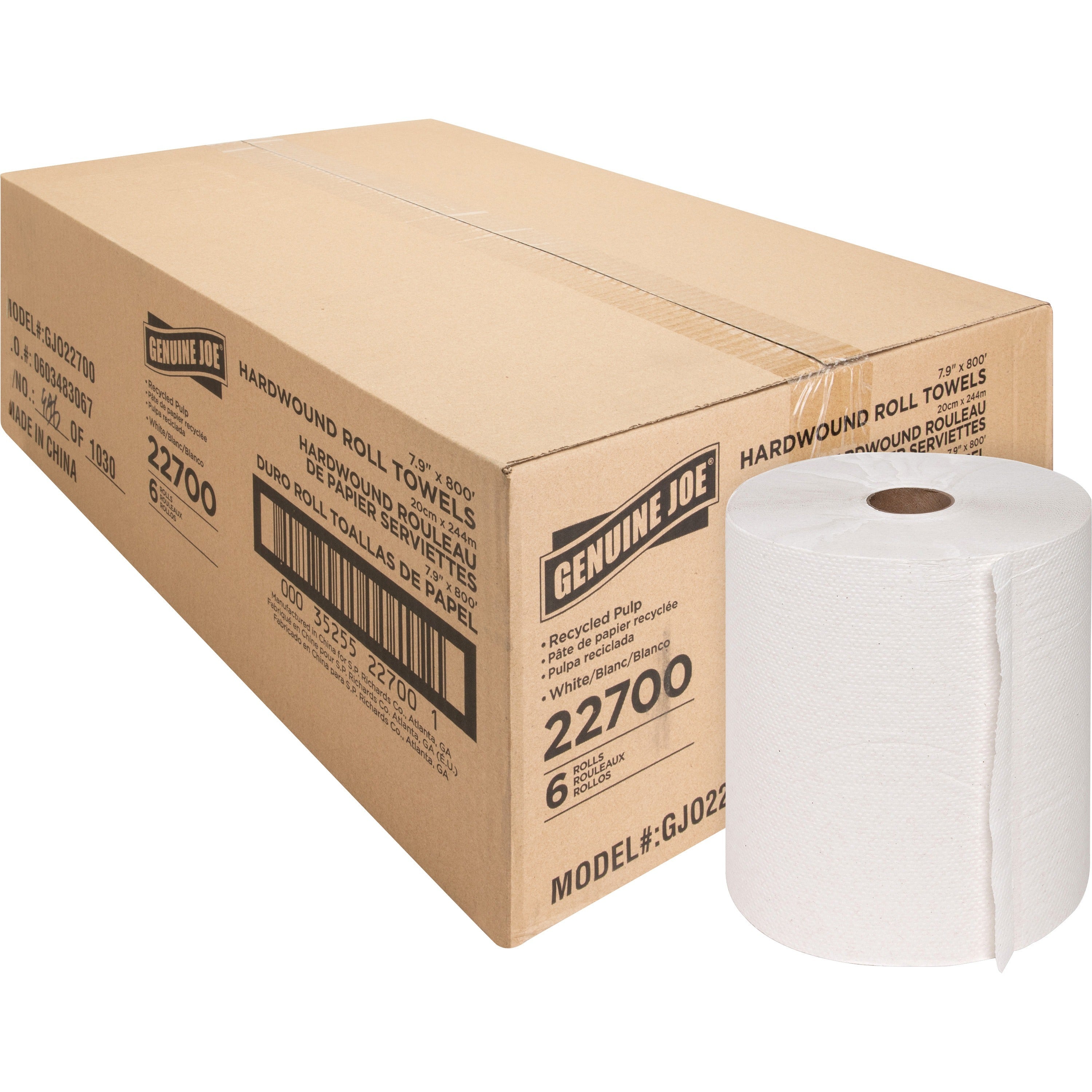 Genuine Joe Hardwound Roll Paper Towels - 7.90" x 800 ft - 2" Core - White - Absorbent, Chlorine-free, Embossed - For Restroom - 6 / Carton -