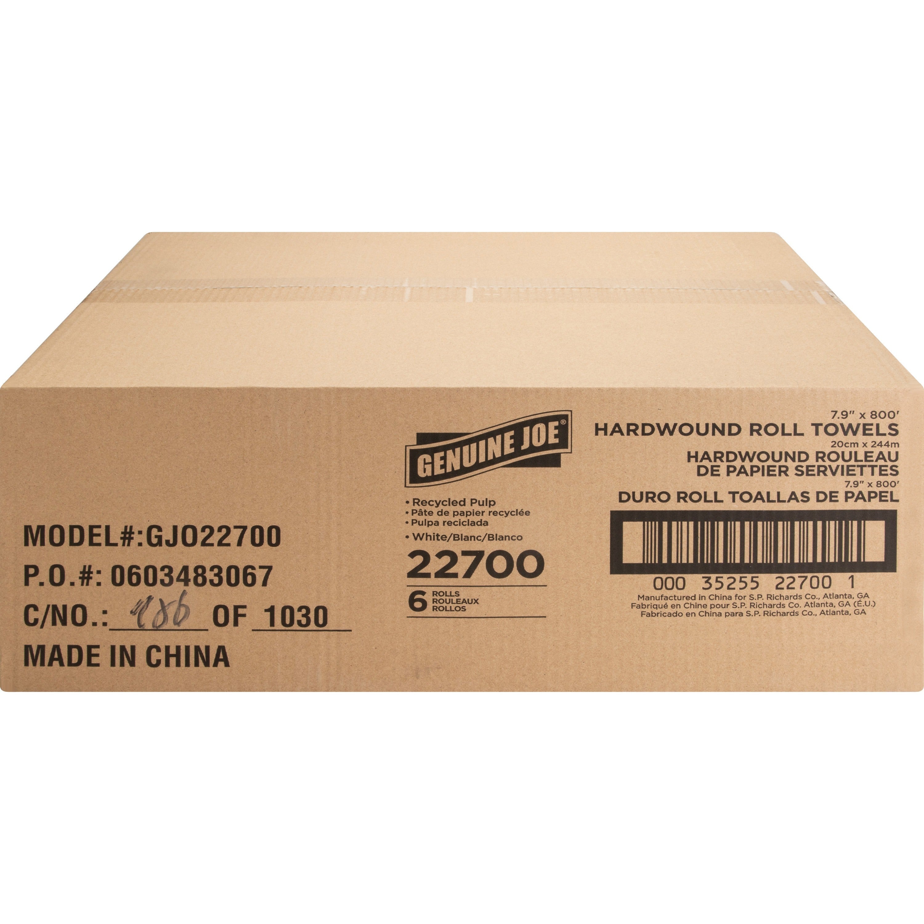 Genuine Joe Hardwound Roll Paper Towels - 7.90" x 800 ft - 2" Core - White - Absorbent, Chlorine-free, Embossed - For Restroom - 6 / Carton -